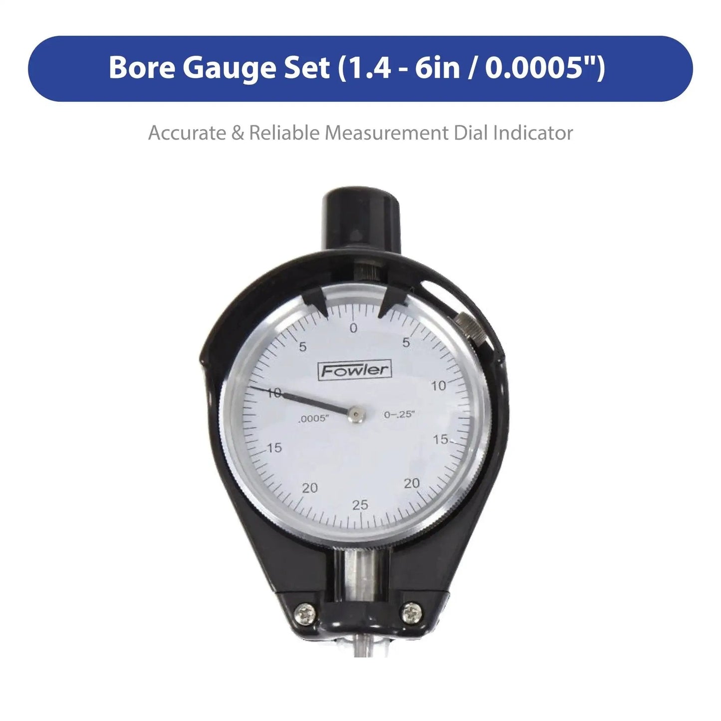 Extender Dial Bore Gage Kit With 1.4 To 6 Inch Measuring Range For Precise Hole Diameter Readings And Geometry Checks, Dial Indicator With 0.0005 Inch Graduations And 9.5 Inch Measuring Depth, Fowler.