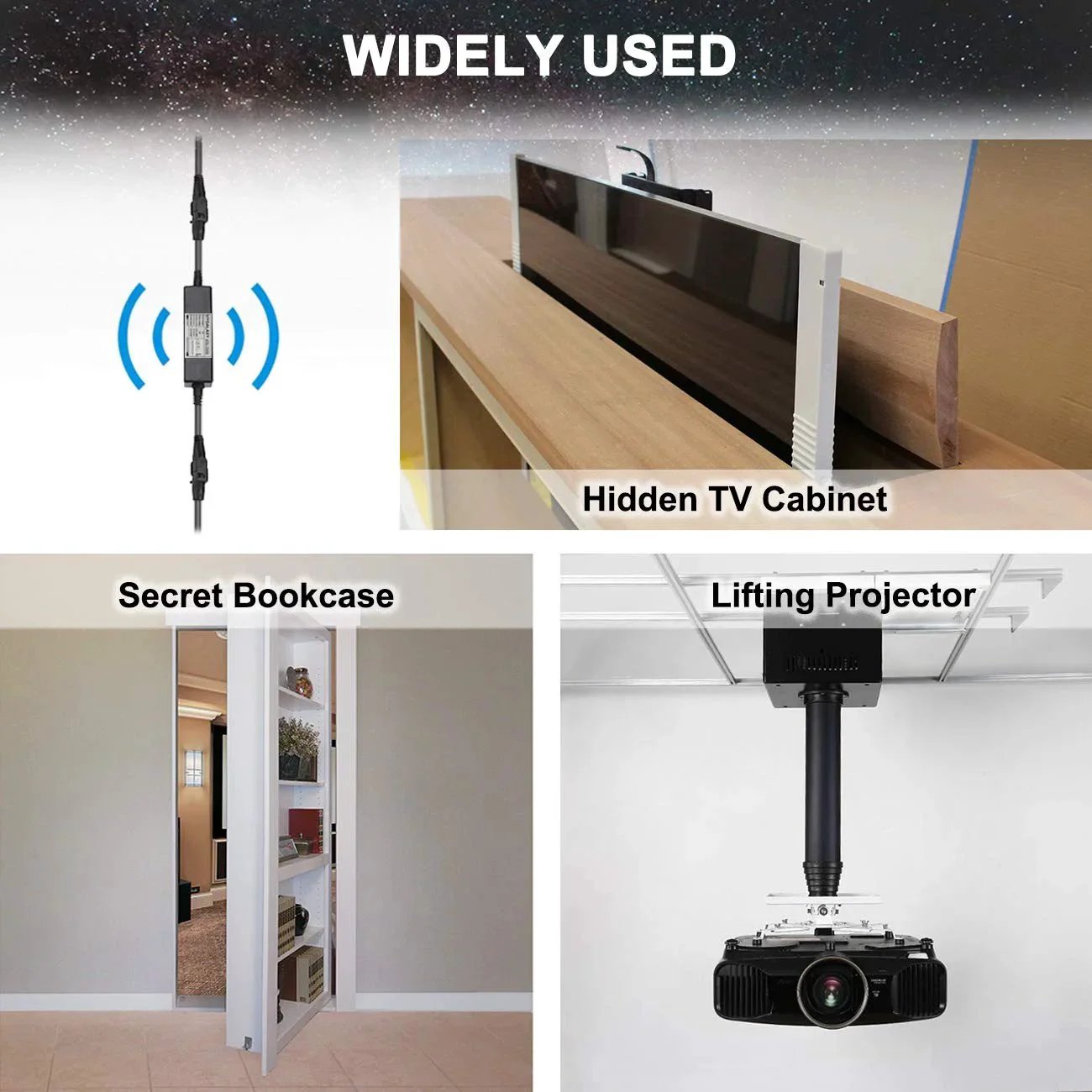 12V 5A Power Supply For Linear Actuator And Motor Controller Compatible With Lift Chair And Electric Sofa Plug And Play Home Wall Adapter From UYGALAXY shown powering various devices like hidden TV cabinet and lifting projector.