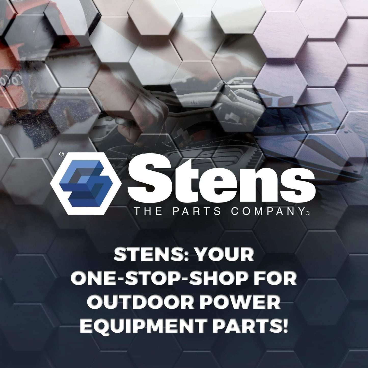 Stens logo with hexagon pattern background and text emphasizing power equipment parts.