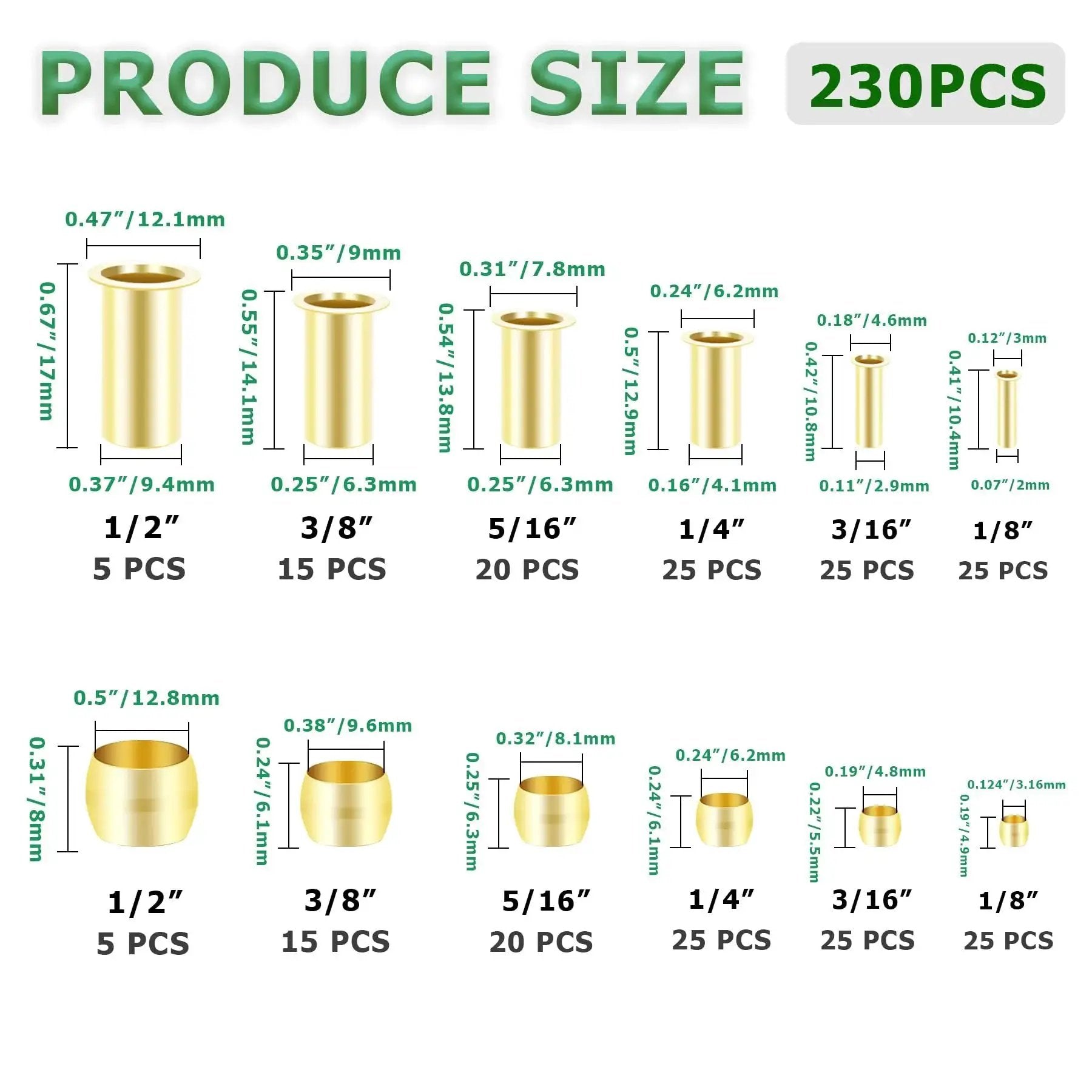 Brass Compression Fittings Kit 230 Pieces With Sleeves Ferrules And Inserts In One Eighth To One Half Inch Six Sizes Display Chart