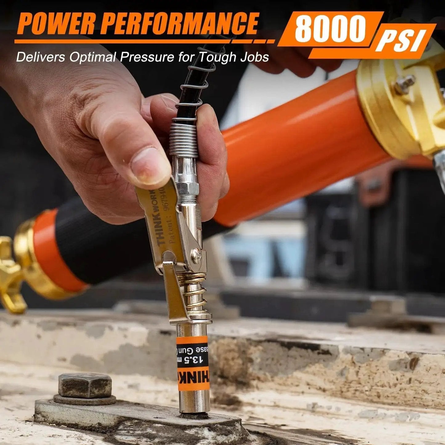 Heavy Duty 8000 PSI Grease Gun Kit With Pistol Grip For 14 Oz Tubes 0.53 Inch Coupler And 18 Inch Flex Hose 90 Degree Adapter For Tight Spaces For Automotive Marine Industrial And Agricultural Machinery Workhorse Pro Grade Thinkwork in use