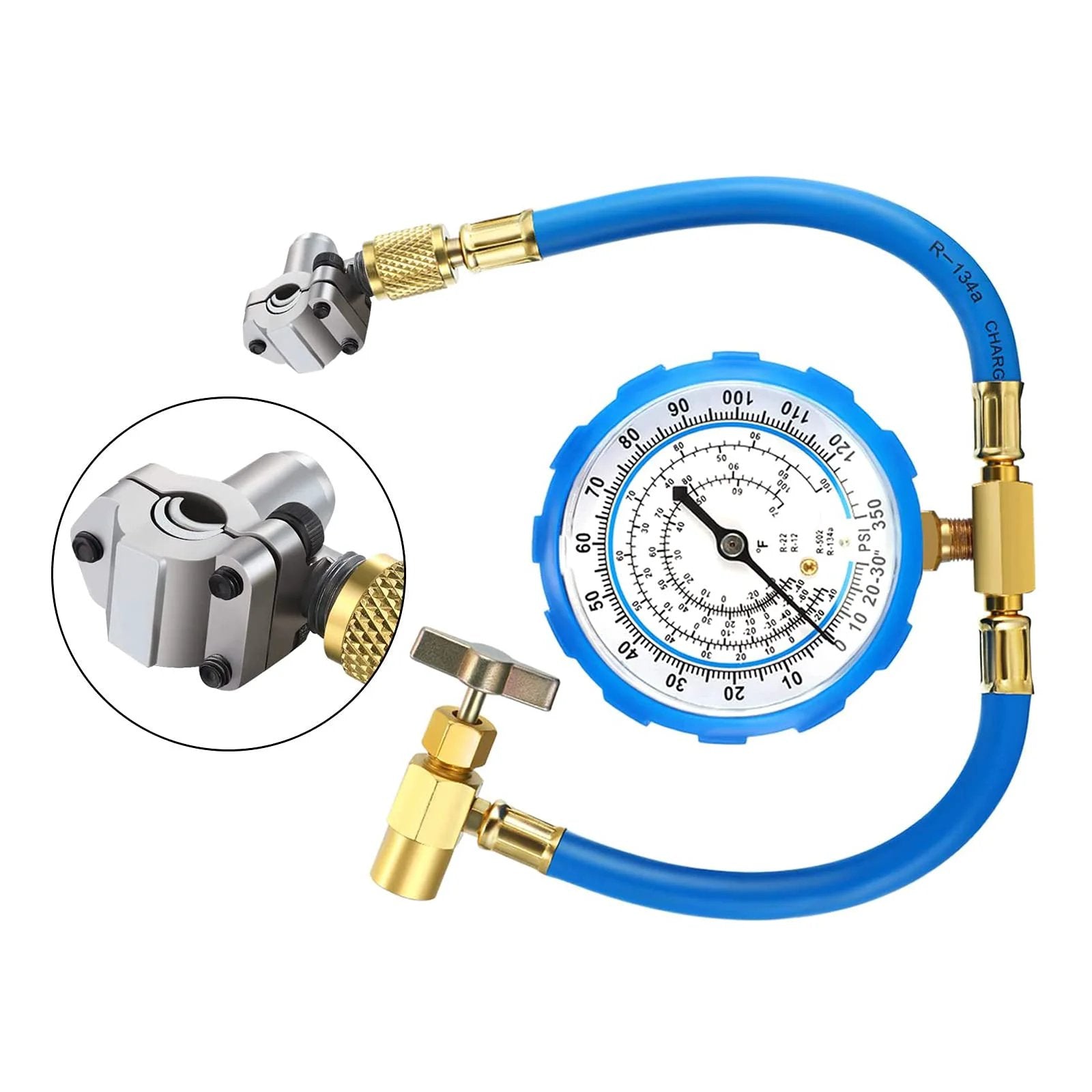 BPV-31 Bullet Piercing Tap Valve Kit For Refrigerator Lines with brass fittings and pressure gauge, compatible with various pipe sizes.