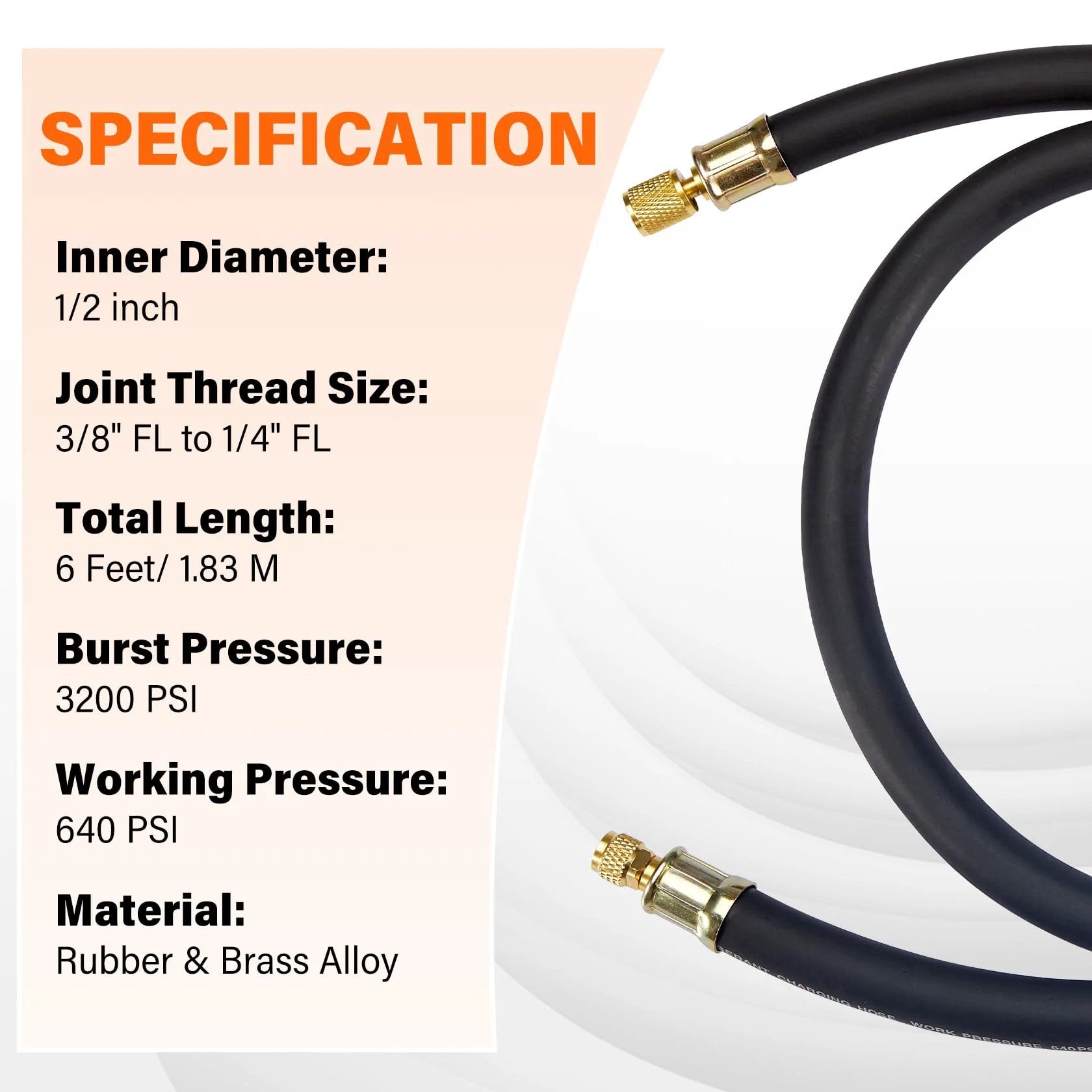 Upgraded One Half Inch HVAC Vacuum Hose With Three Eighths To One Quarter Inch Fittings, High Flow Refrigerant Hose, Six Feet Black
