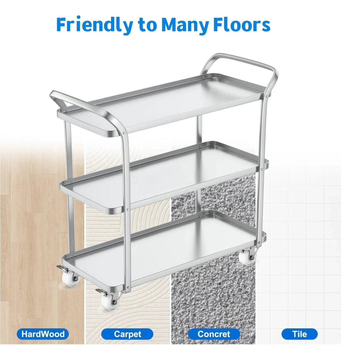 2 Inch Stainless Steel Caster Wheels Set Of 4 For Outdoor Use, shown on a metal cart across hardwood, carpet, concrete, tile surfaces.