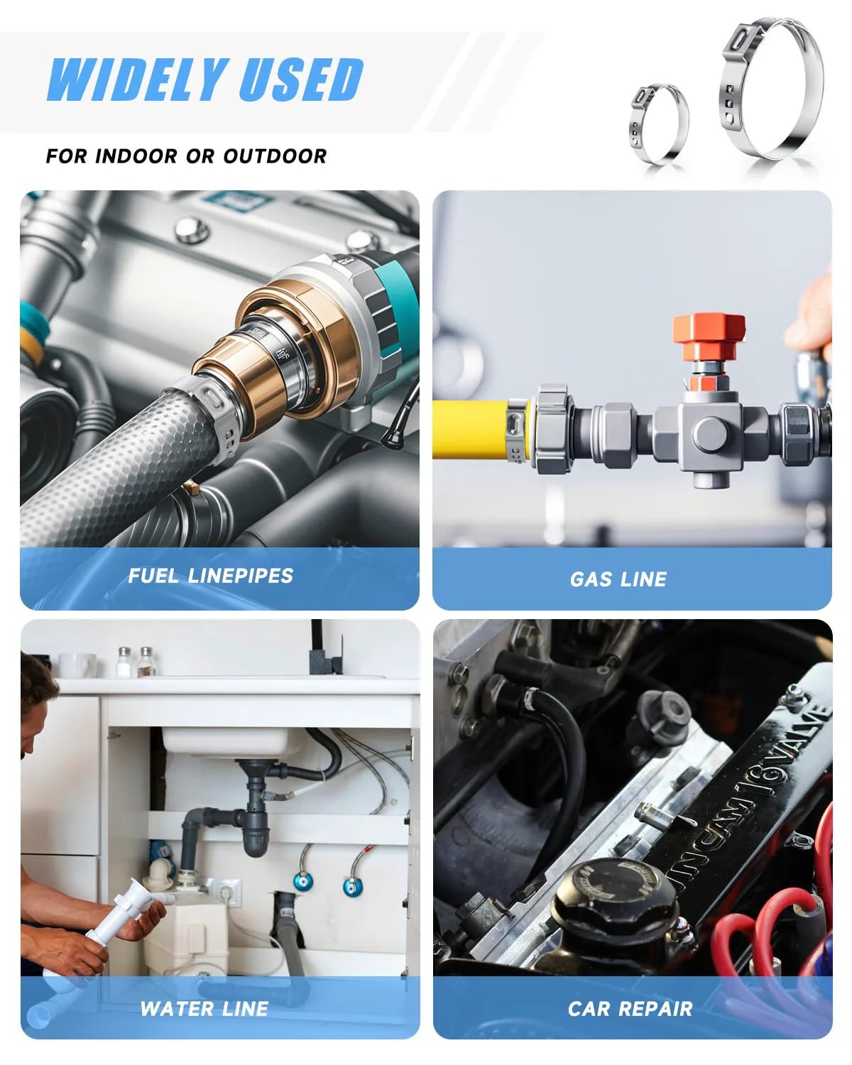 210 Piece Stainless Steel Hose Clamp Kit With 12 Sizes From 6 mm To 36.1 mm Stepless Adjustable Cinch Clamps And Pincer Tool For Automotive DIYers Plumbers Garden And Industrial Use showcased in various applications like fuel linepipes, gas line, water line, and car repair.