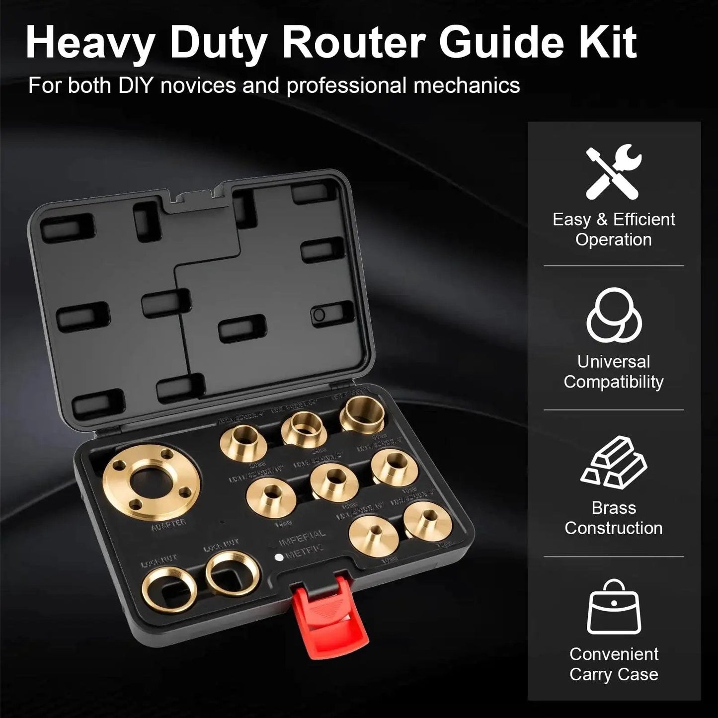 11Pcs Brass Router Bushing Guide Set With Lock Nut Adapter in case, includes 8 bushings, nuts, adapter, for woodworking projects.