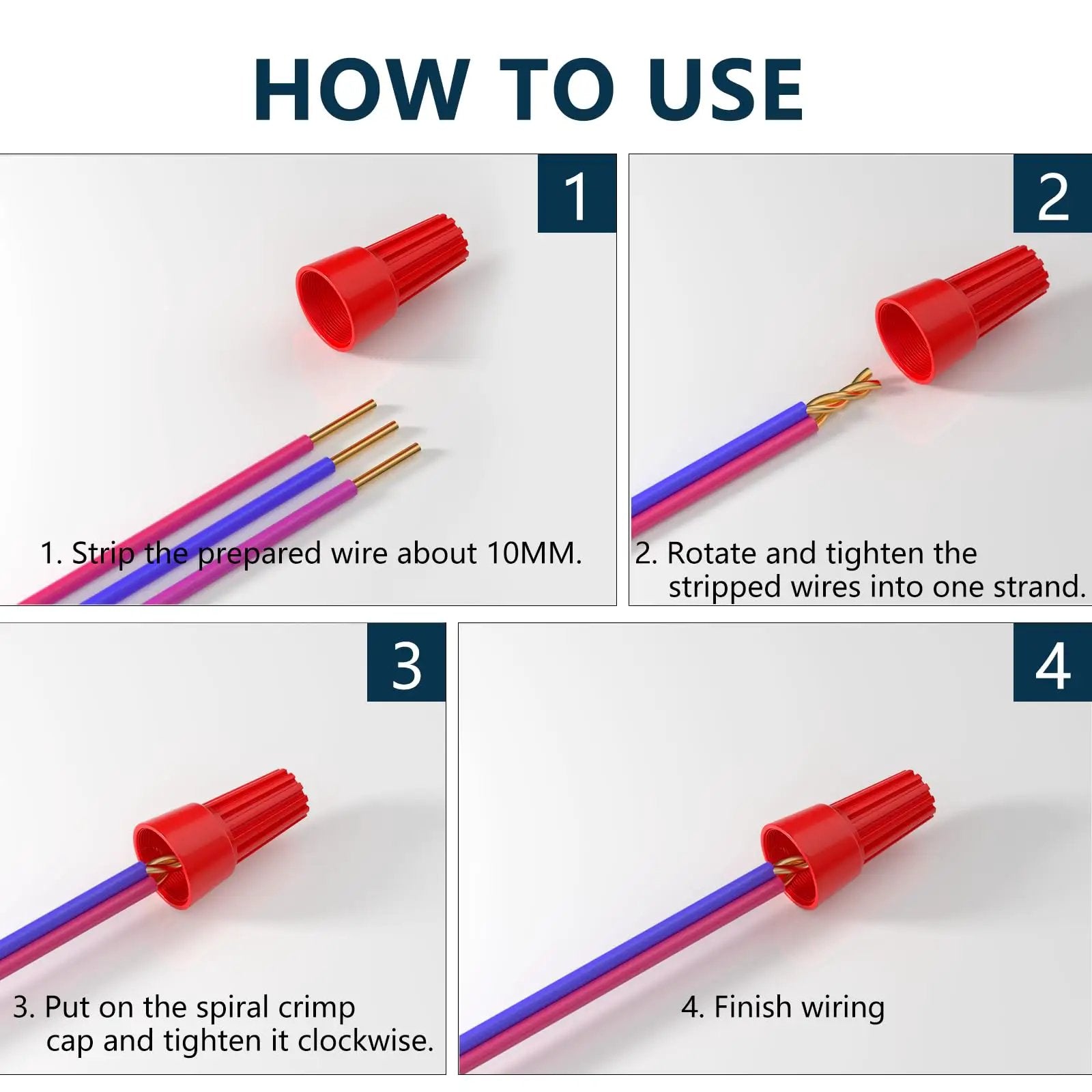 Step-by-step guide showing how to use Versatile 25 Pack Wire Nuts For 10 to 22 AWG With Color Coded Twist On Wire Caps.