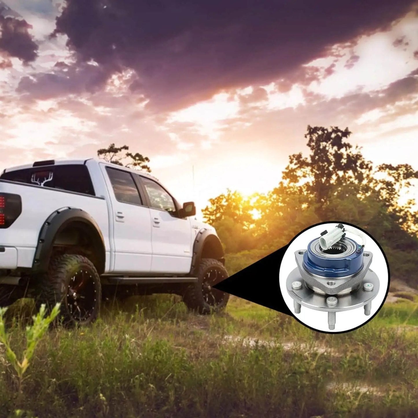Front wheel hub bearing assembly axle 5-lug w/ ABS fits Chevy Impala Monte Carlo Venture beside white truck in field