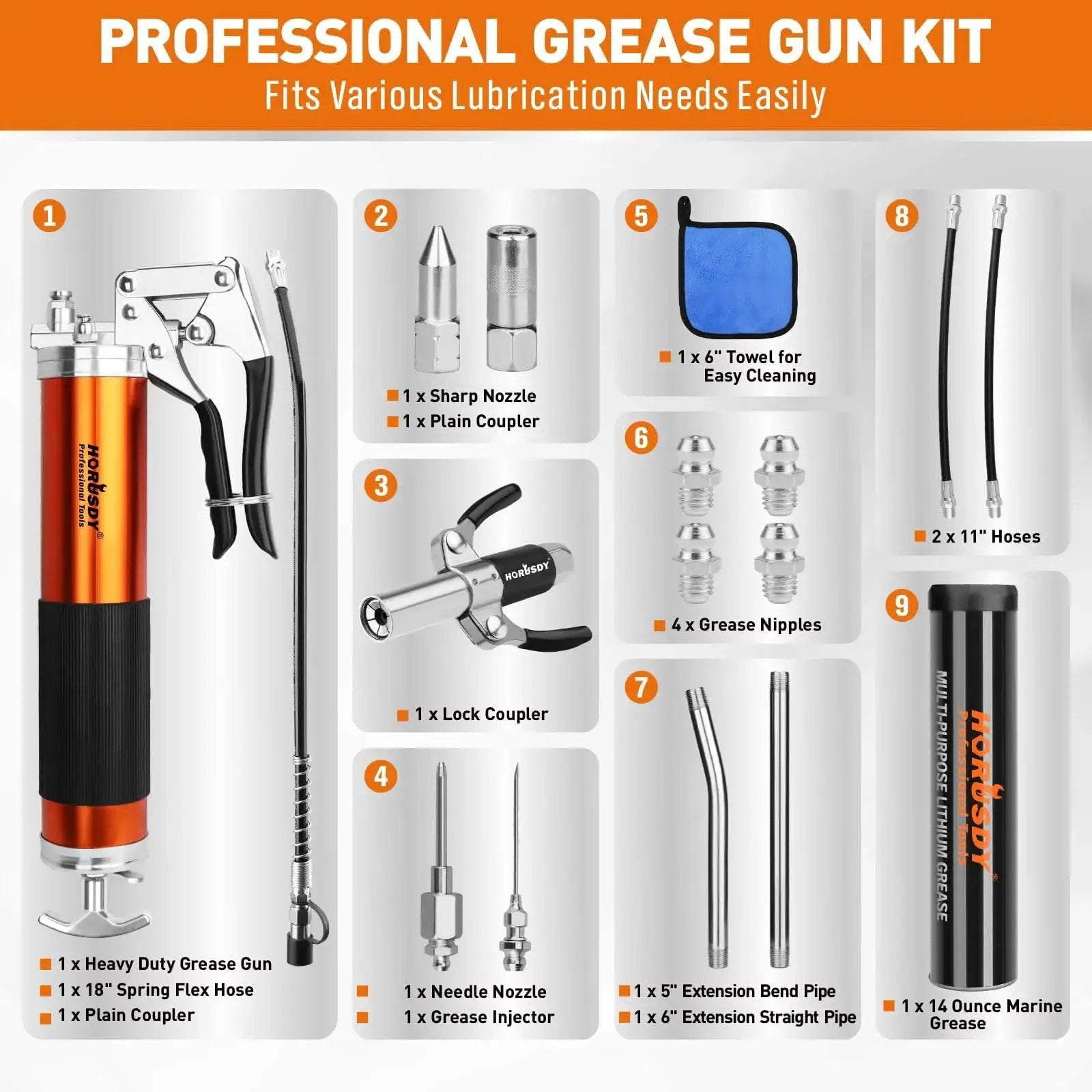 Beefed Up 8000 PSI Grease Gun Kit With 14oz Grease, Dual 11 Inch Hoses, Flexible Hose, Extension Pipes, Lock Coupler, Injector And Sharp Nozzle For Vehicle Marine Farm And Workshop Use All In One Easy Operation Tool, displayed with parts labeled.