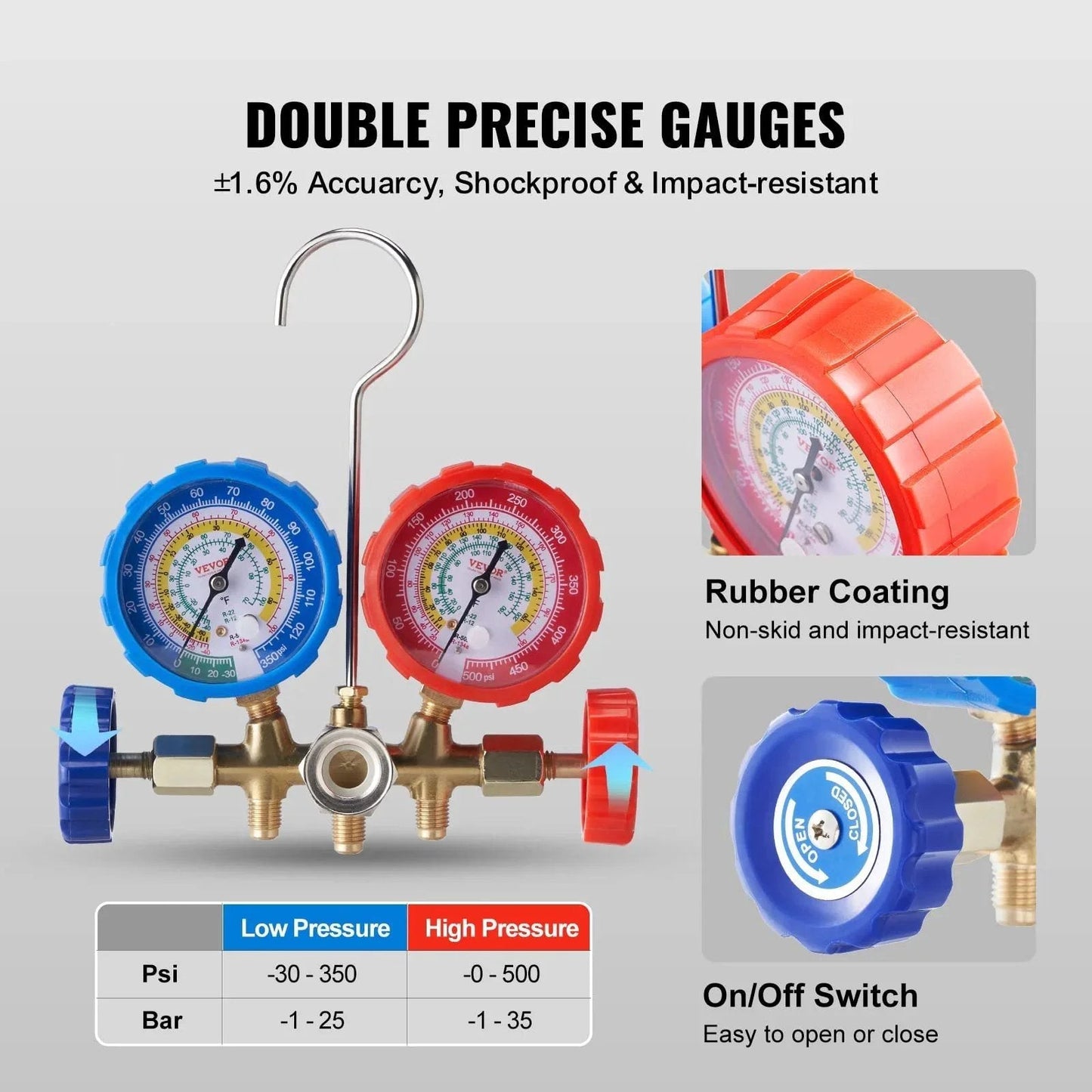 Three Way Car AC Manifold Gauge Set For R134A R22 R12 R502 with red and blue gauges, rubber coating, and on/off switch.