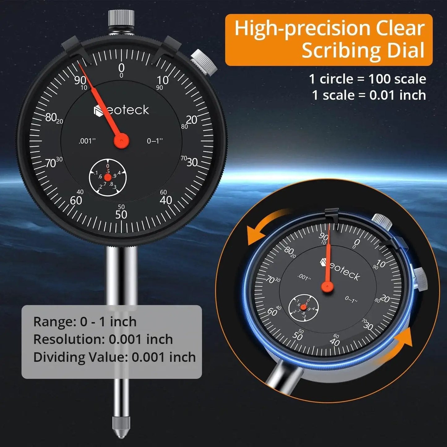 Dial Indicator Gauge 0 To 1 Inch, With 0.001 Inch Resolution, Pro Grade Full Metal Construction shown on a dark background