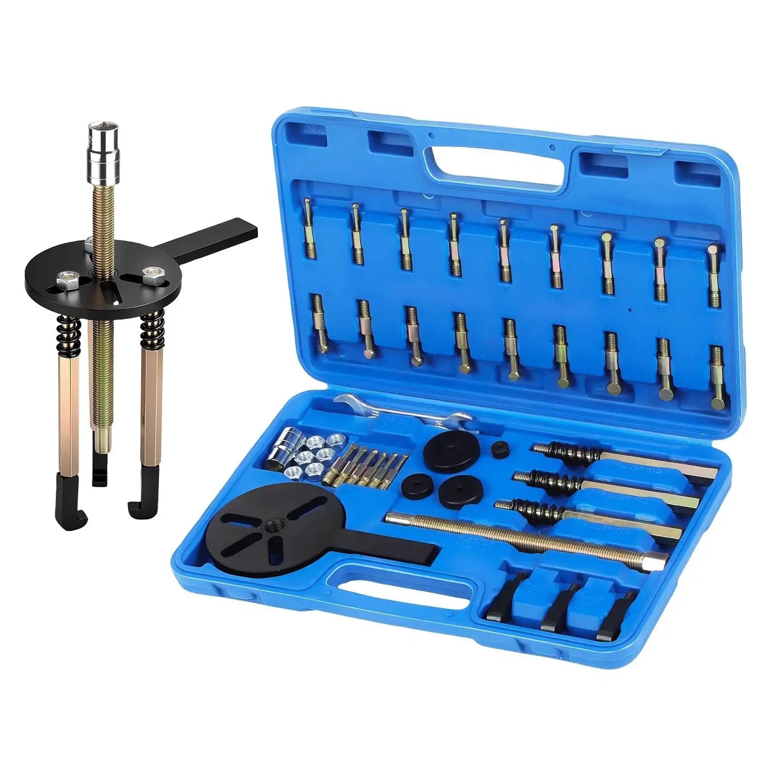 36 In 1 Bearing Puller Kit With Switchable Two Mode Blind Hole Puller And Separator Set in blue case with tools displayed