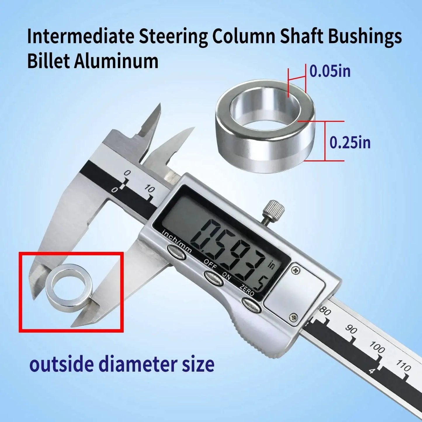 Close-up of billet aluminum steering shaft bushing next to a caliper showing measurements, part of 4 Pack Billet Aluminum Steering Shaft Bushings For Dodge Ram Cummins Mopar.