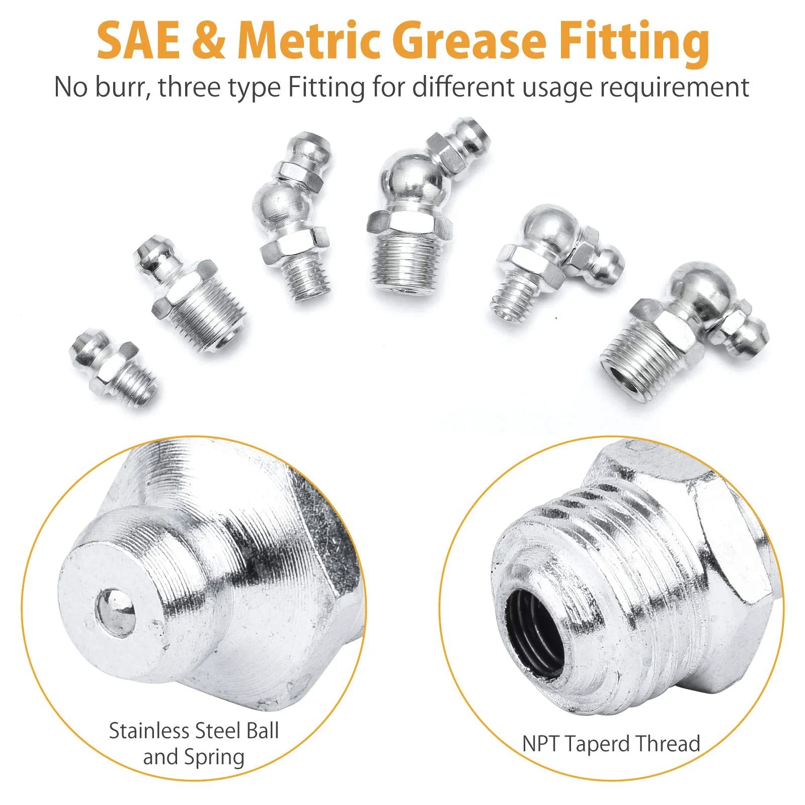 Grease Fittings Kit With Caps Pro Grade SAE And Metric Zerk All In One Assortment 490 Pieces for Grease Gun detail view