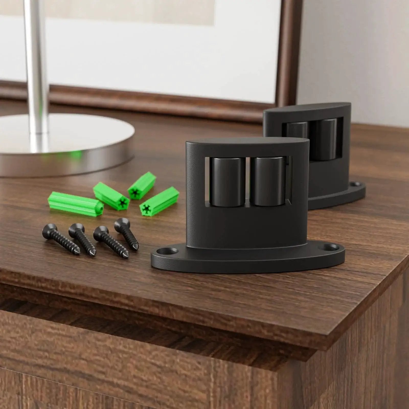 Floor Guide For Sliding Barn Door Bottom With Double Sided Roller Design Concealed Pulleys For Smooth Quiet Sliding Fits Doors Over 30mm Thick Works With Slotted And Non Slotted Panels Easy Installation Black Finish Set Of Two shown on a table with screws and anchors.