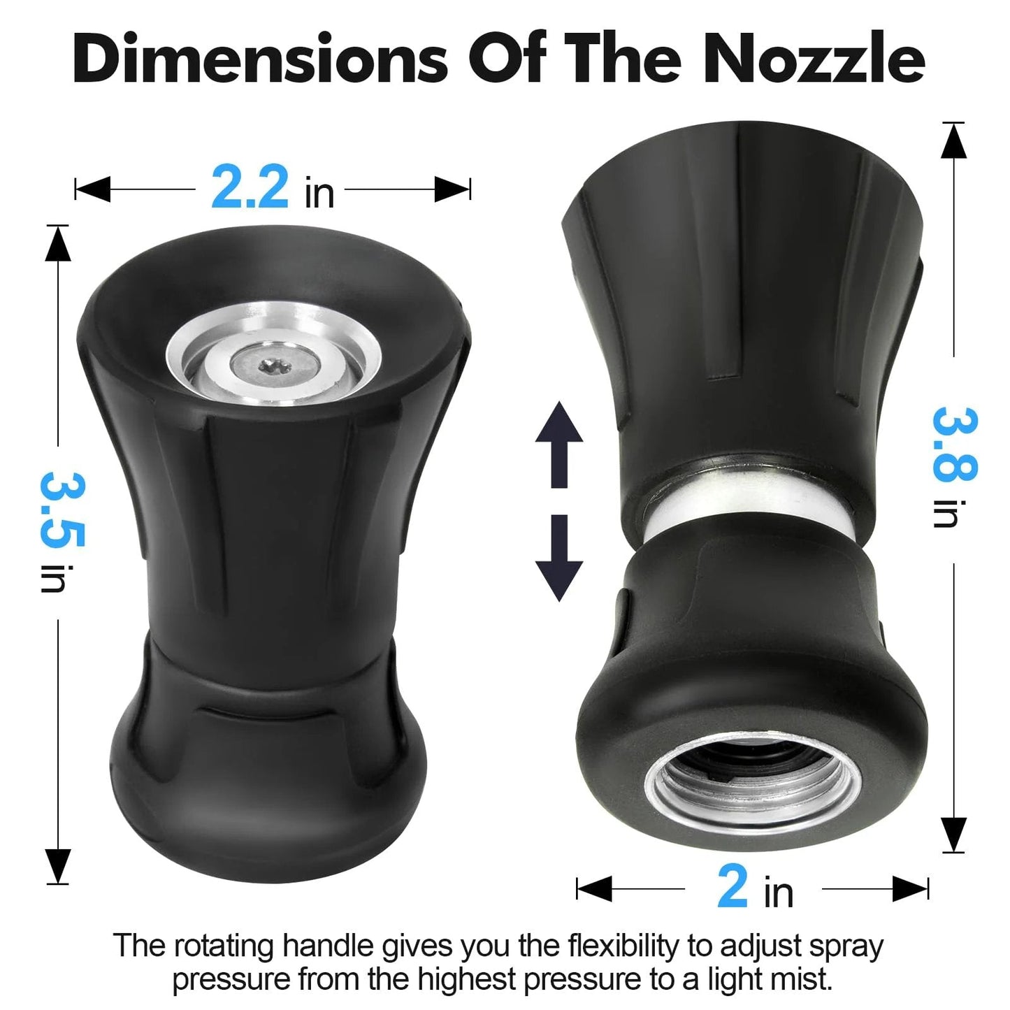 Dimensions of black nozzle for Heavy Duty 50 Foot Black Garden Hose With High Flow Nozzle For Yard And Farm Flexible Rubber.