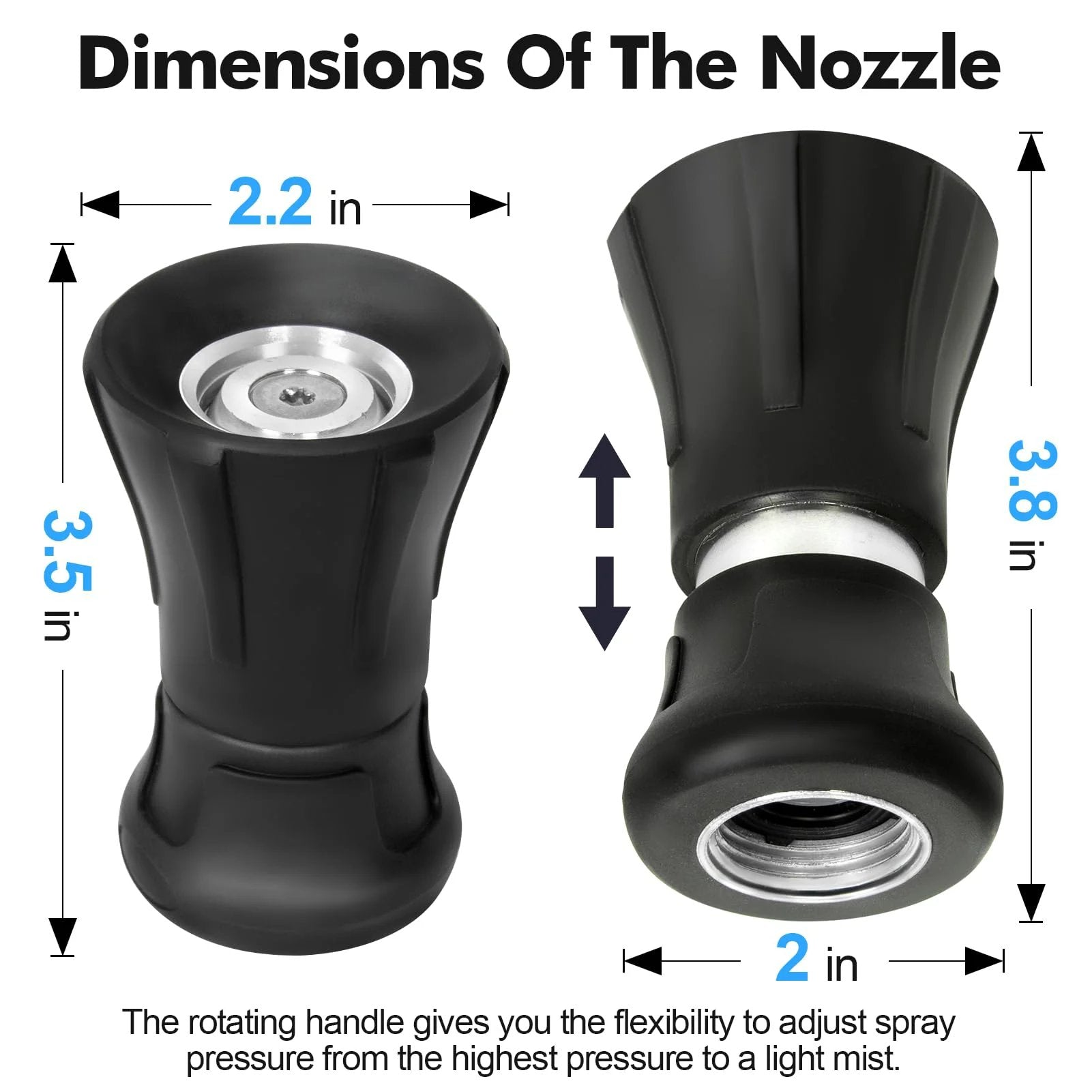 Dimensions of black nozzle for Heavy Duty 50 Foot Black Garden Hose With High Flow Nozzle For Yard And Farm Flexible Rubber.