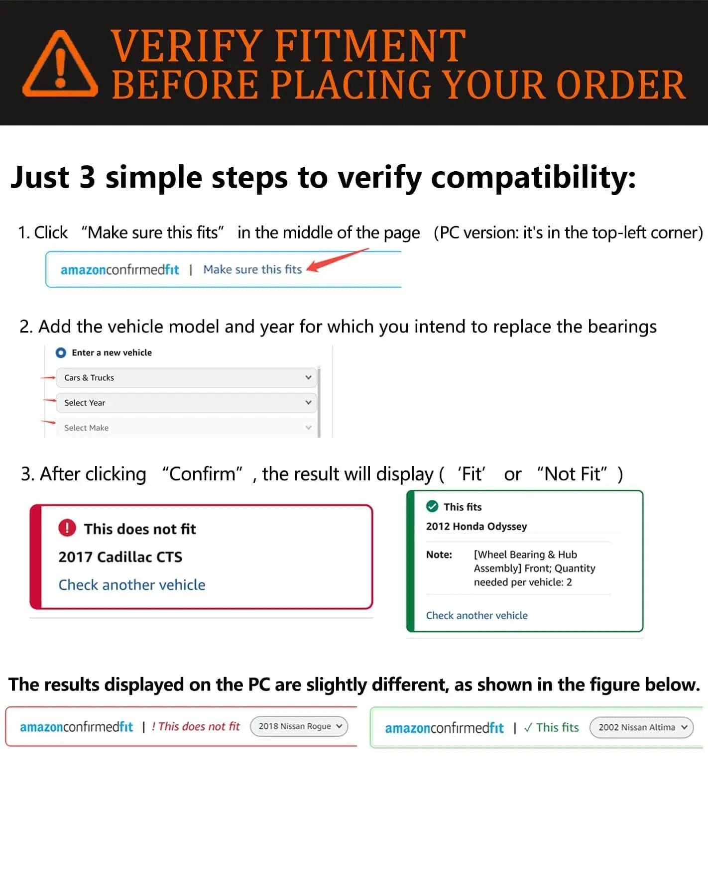 Diagram showing steps to verify fitment for 2-Pack Sealed Front Wheel Hub Bearing Assembly 513121 5-Lug w/ ABS OE Fit Replacement compatibility.