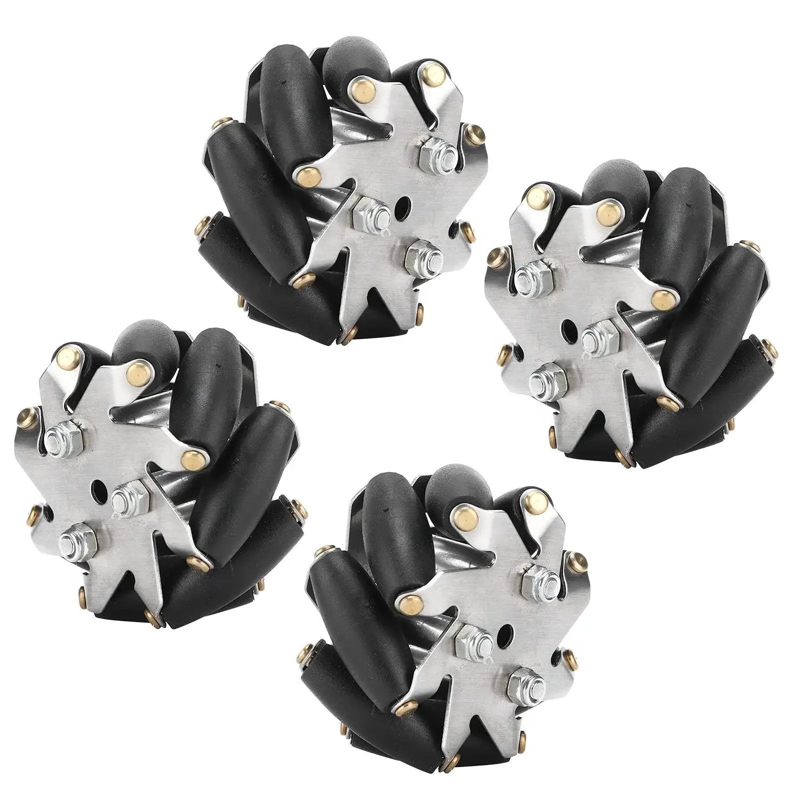 Four Pieces 48mm Steel Mecanum Wheels Set for Robot Car 14209, featuring omni-directional wheels with TPR rollers and high load capacity.