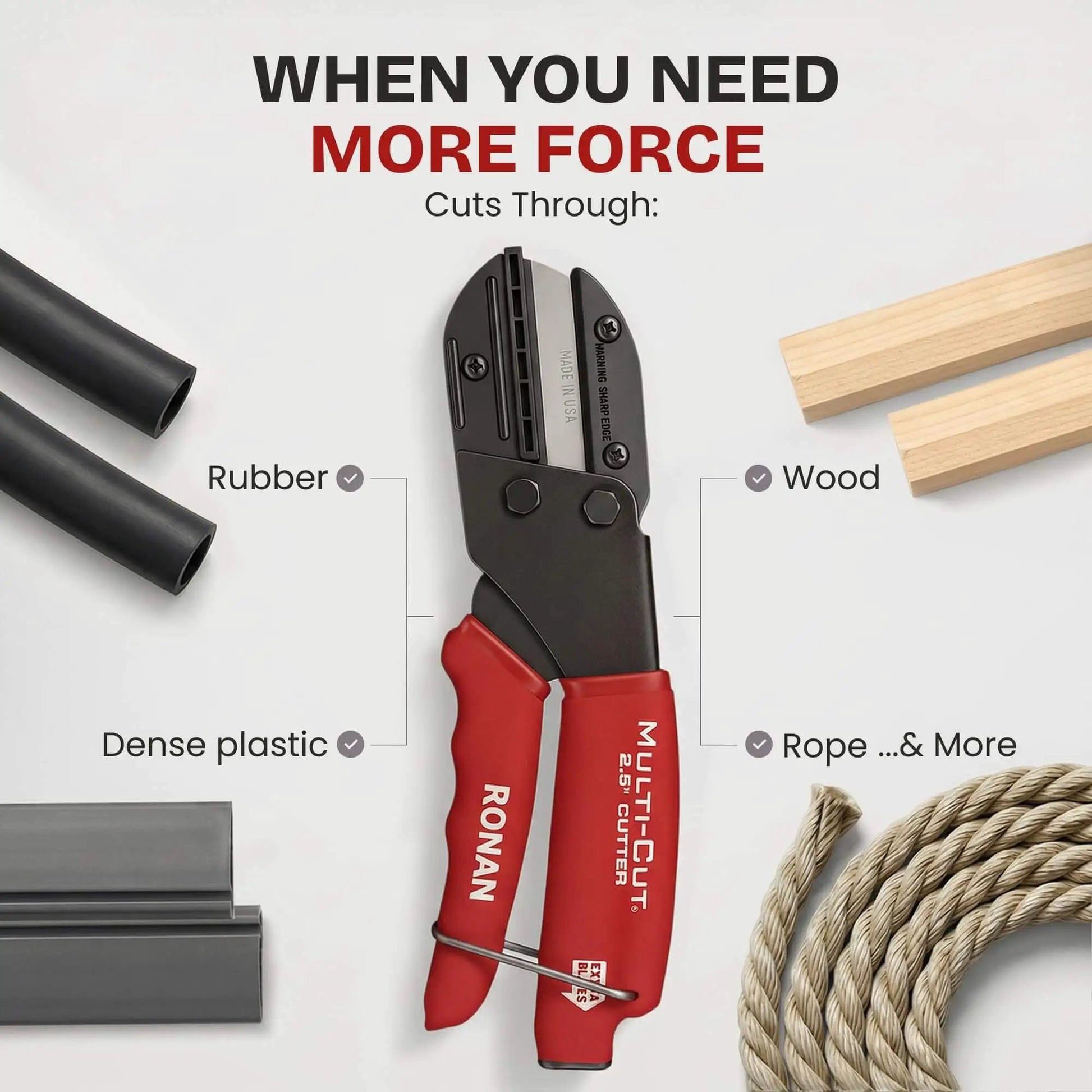 Heavy-duty industrial cutter for plastic, rubber, wood, leather and PEX displayed with cutting samples, ergonomic red/black handle.