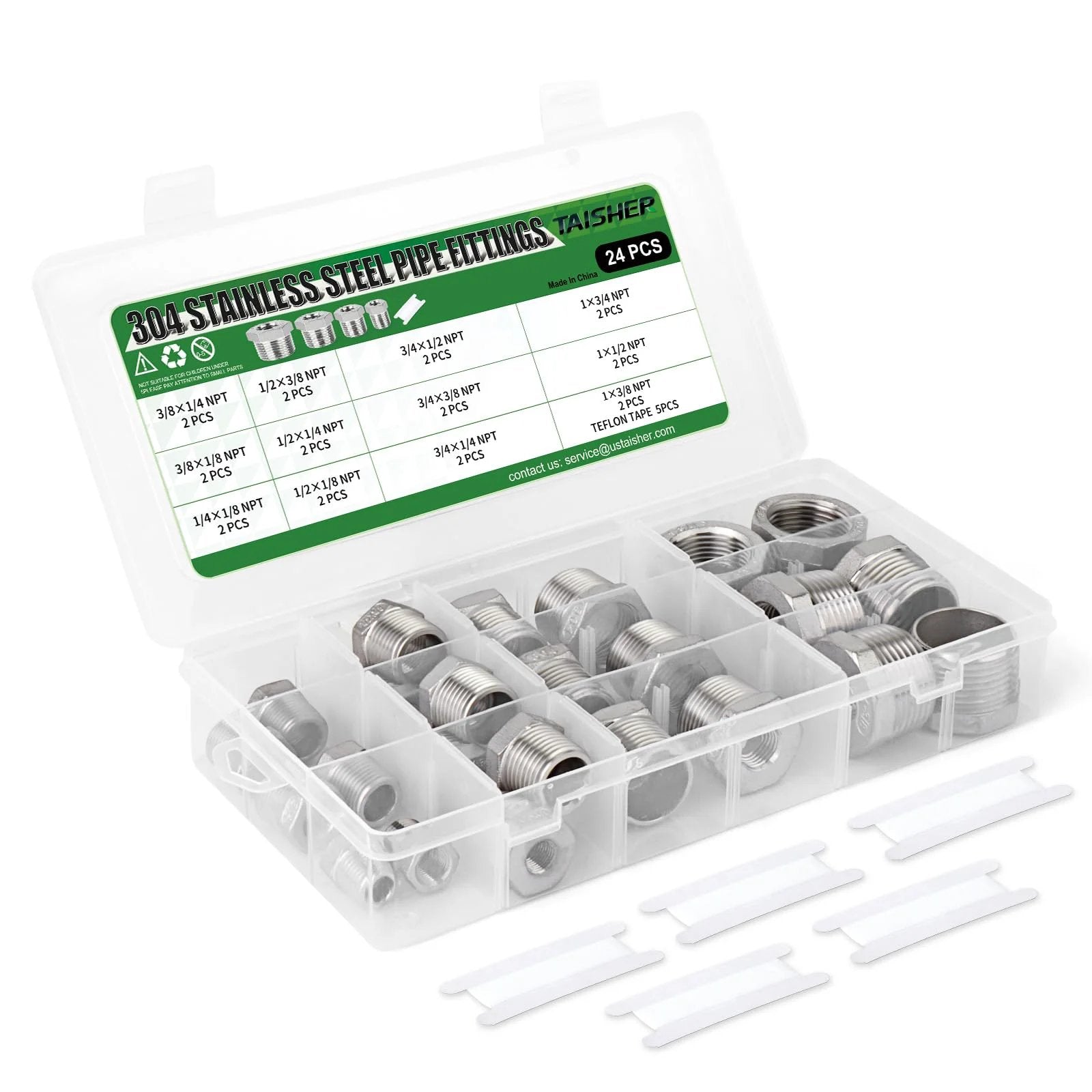 Pro Grade 24 Piece Reducer Hex Bushing Fitting Kit In 304 Stainless Steel For Pipe Thread Adapters And Fittings open case view