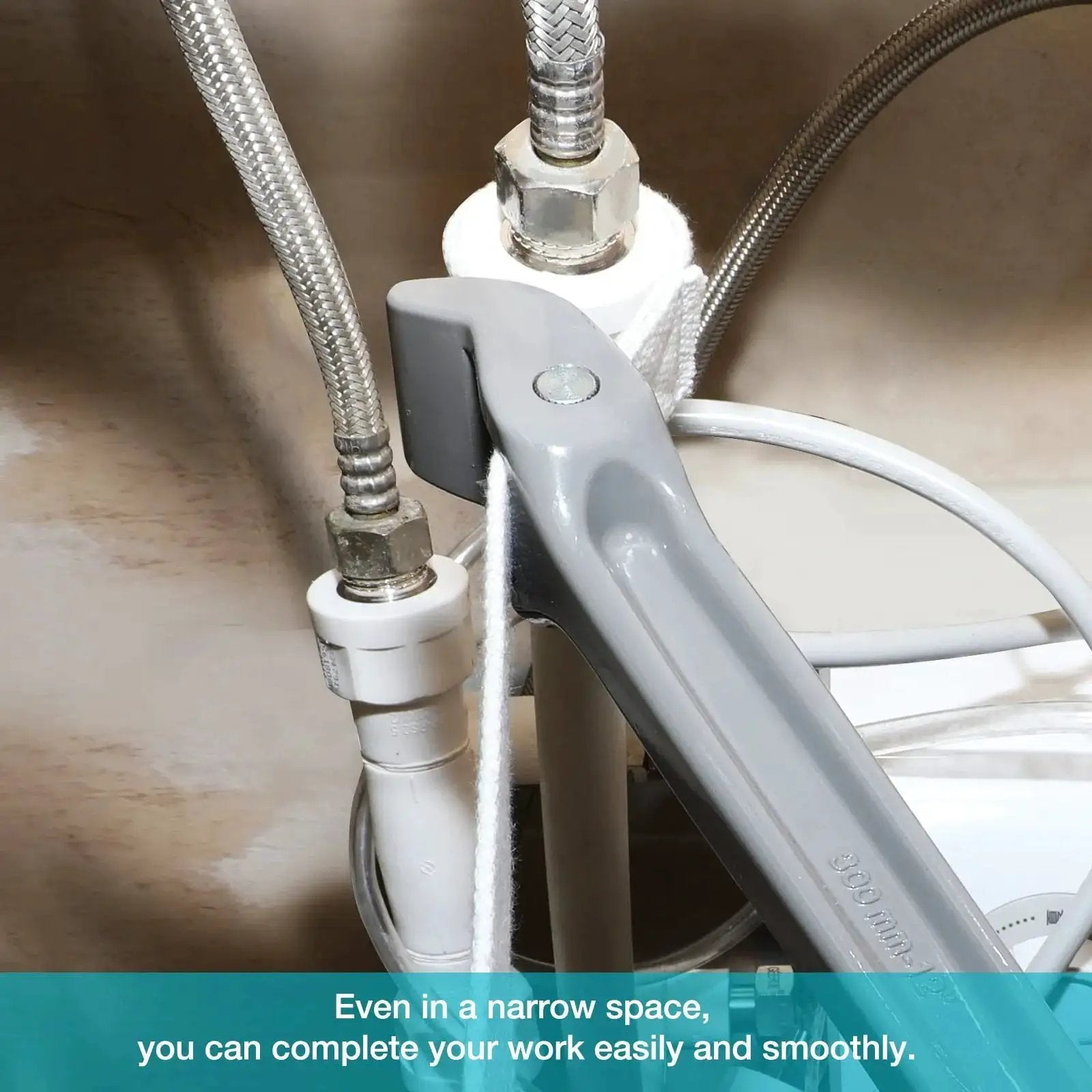 12 Inch Strap Wrench With Adjustable Nylon Strap being used on pipes, showcasing its non marring grip and I-Beam aluminum handle in tight space