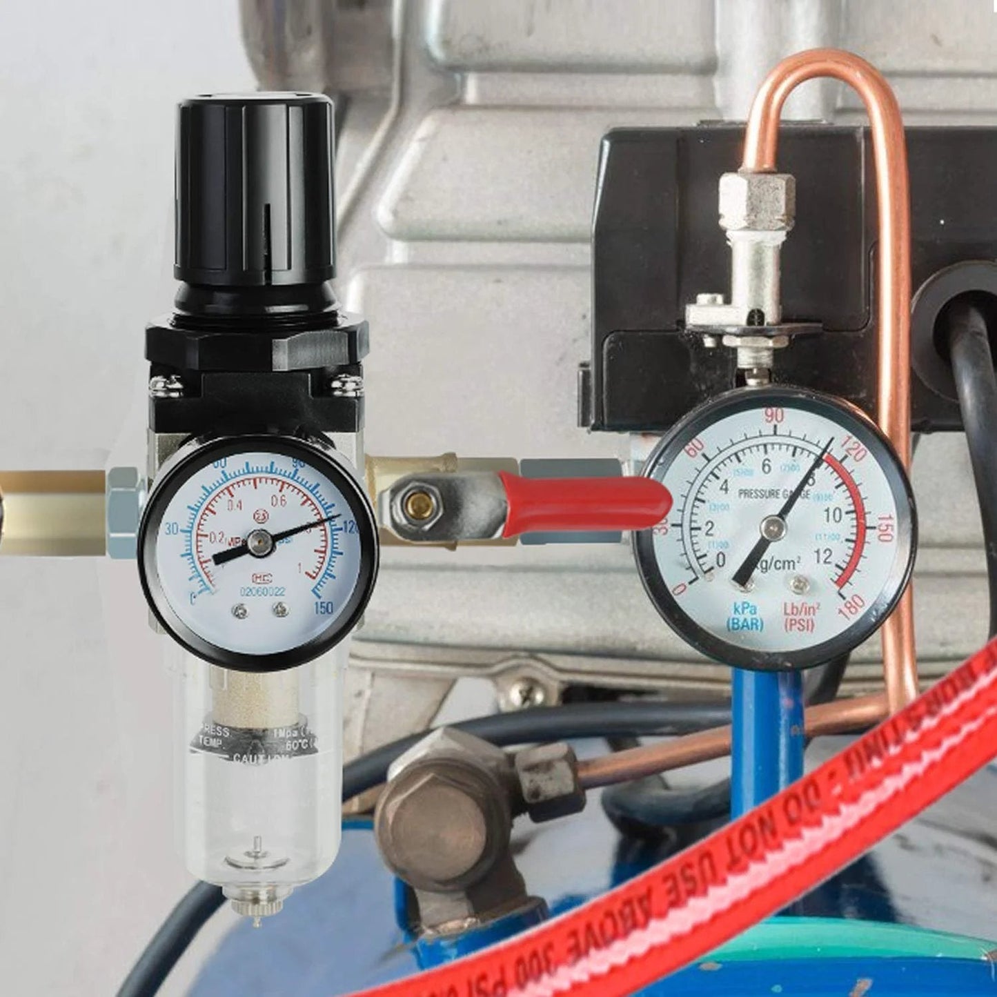 Quarter Inch All In One Air Compressor Filter Regulator Combo With Brass Filter Element Water Oil Separator And Pressure Gauge Manual Drain Ball Valve Bracket AW2000 02 Pro Grade installed on compressor