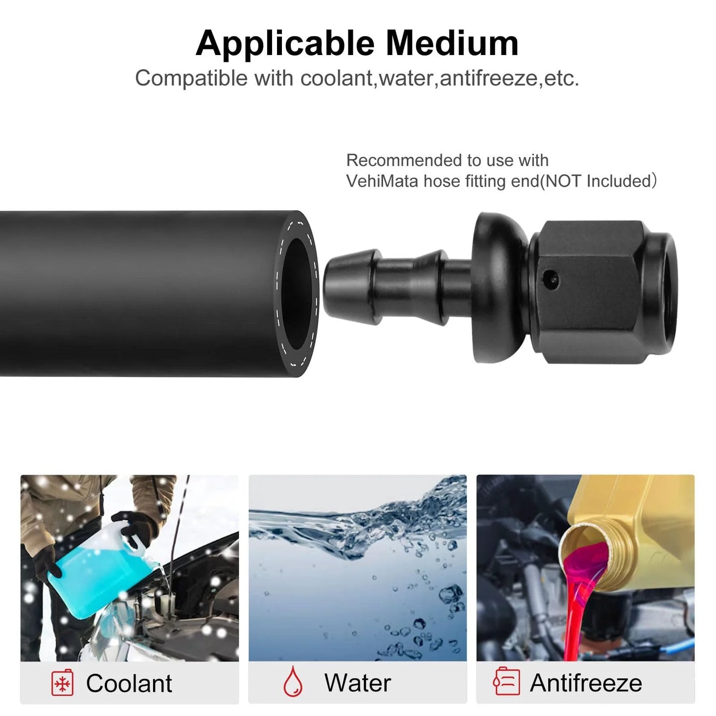 Heavy Duty 5/8 Inch SAE 20R3 EPDM Heater Hose For Cars And Trucks 10 Ft Black With 100 PSI Working Pressure 300 PSI Burst -40 F To 257 F 5/8 ID 0.94 OD By VehiMata showing compatibility with coolant, water, and antifreeze