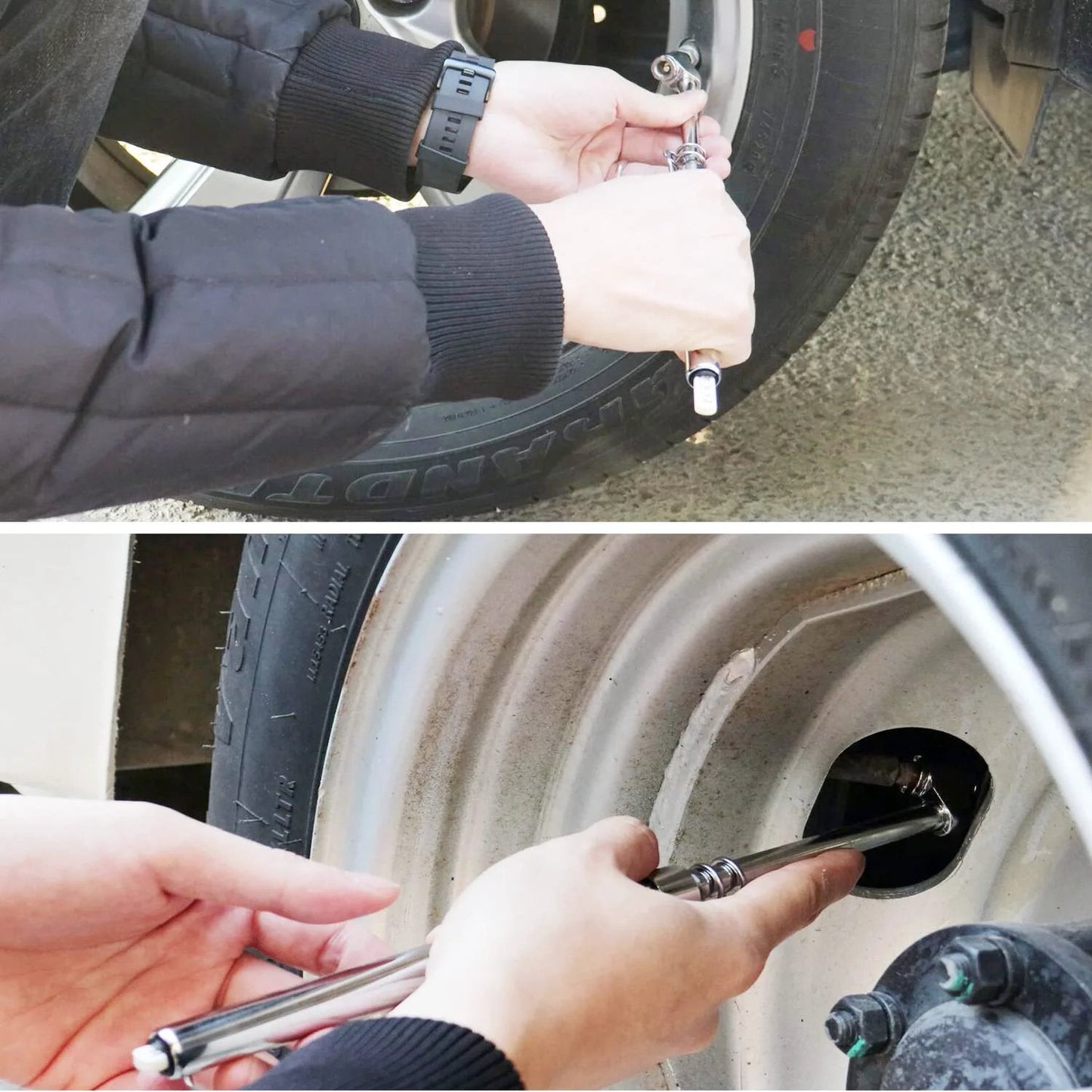 Person using Pen Style Truck Tire Pressure Gauge With Dual Head Chucks For Inner And Outer Wheels, 10 To 150 PSI Range