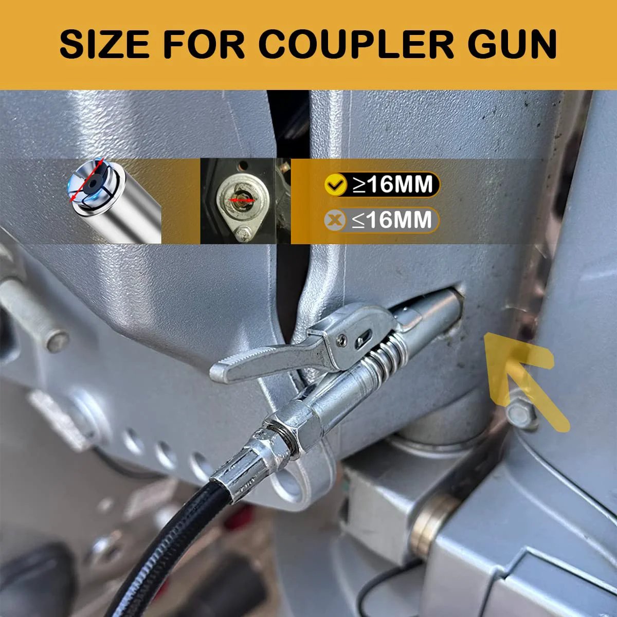 Heavy Duty Grease Gun Coupler With 12 Inch Spring Flex Hose And 12000 PSI Quick Release Upgraded 6 Jaw Locking Design Tight Seal attached to machine