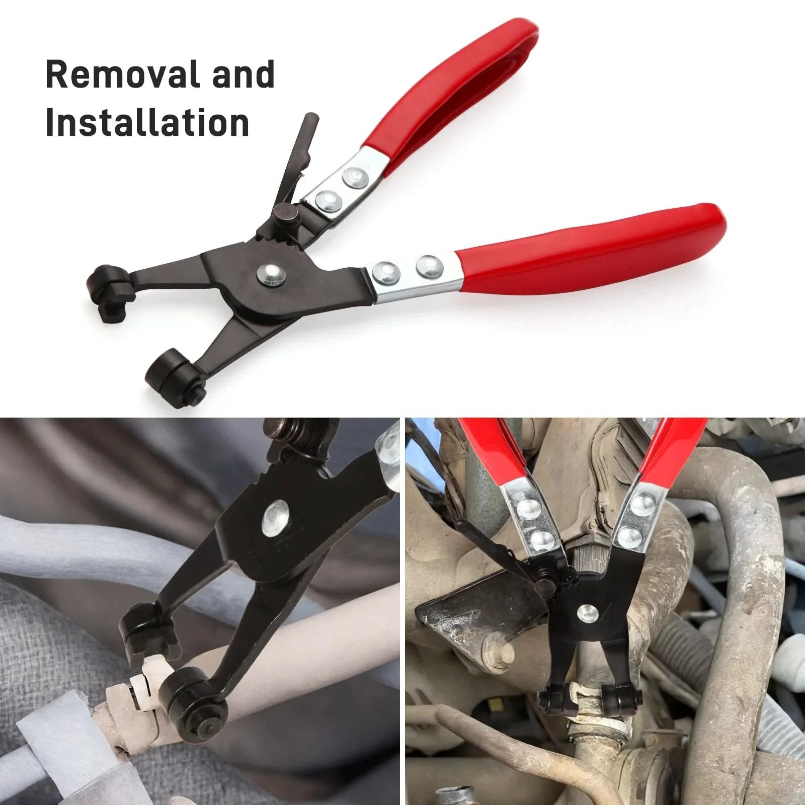 Hose Clamp Pliers for Automotive Use With Swivel Flat Band, durable carbon steel, demonstrated in various automotive settings.