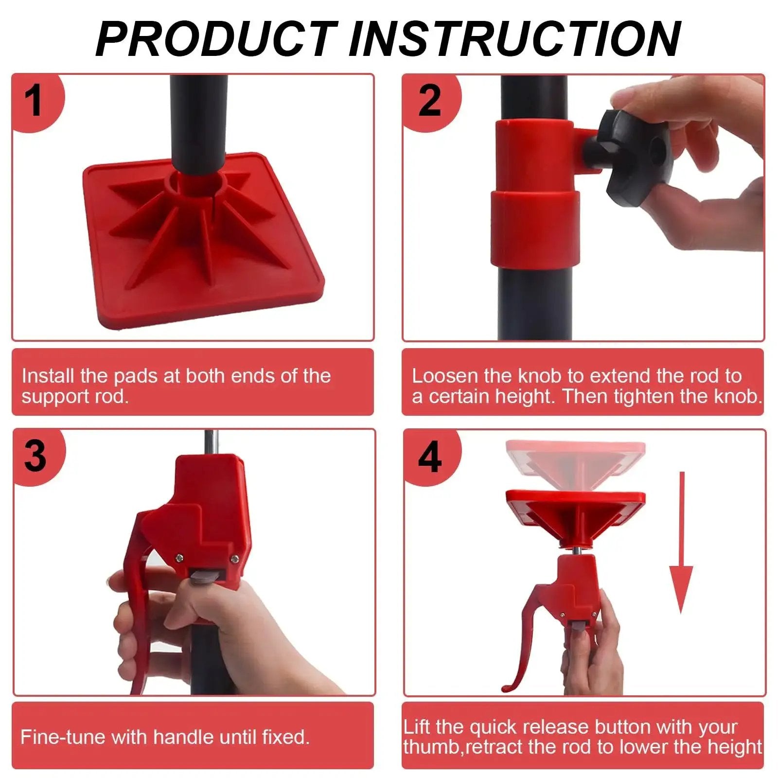 Adjustable Third Hand Pole For Cabinet Installation 11.8 To 23.5 In 78 Lb 2 Pack showing installation steps
