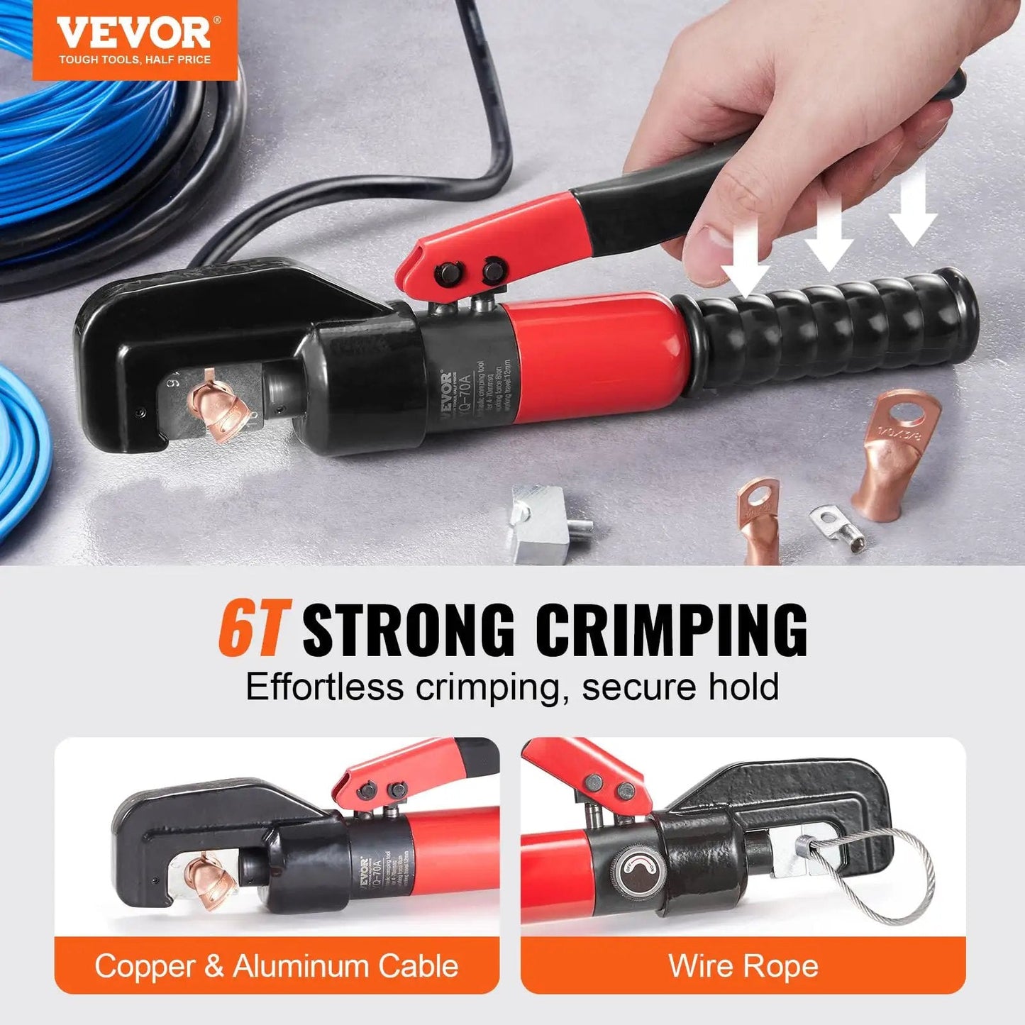 Heavy-Duty Hydraulic Crimping Tool Kit for AWG 12 to 2/0 Copper and Aluminum Terminals with 6-ton pump in use with red handle