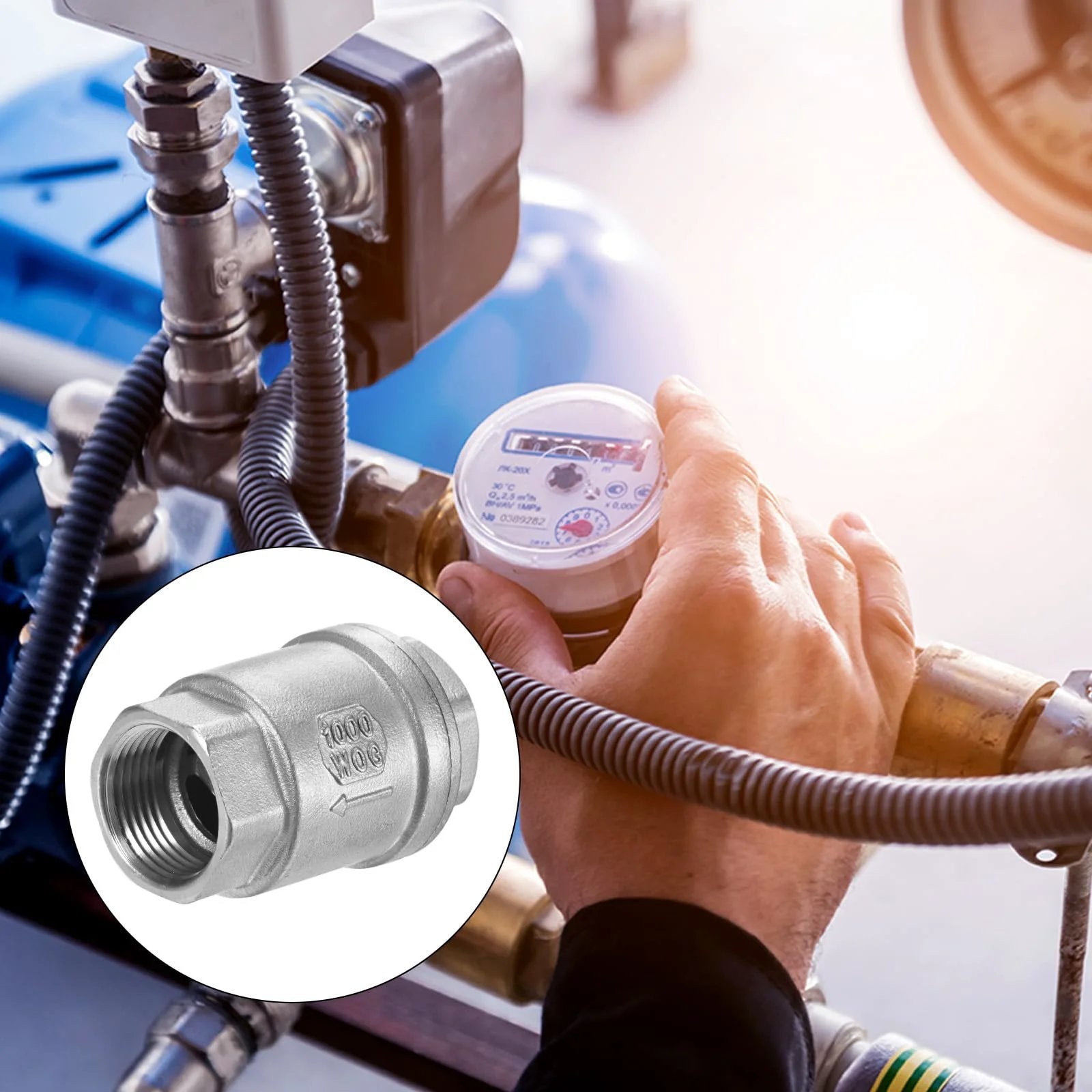 Stainless Steel Spring Check Valve In Line One Way Non Return Backflow Preventer For Water Heaters Oil And Gas Three Quarter Inch NPT Two Point Six Inch Length Silver Multipurpose Inline Plumbing Fitting For Residential And Industrial Use shown installed in piping system.