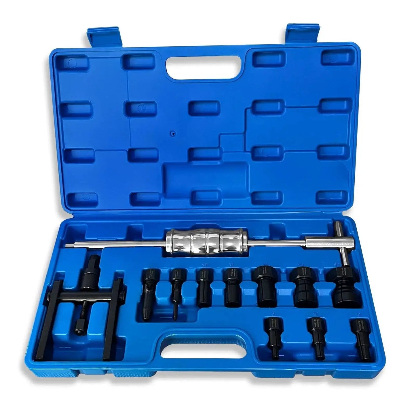 12-Piece Blind Hole Bearing Puller Kit With Extendable Collets From 8mm To 32mm in blue carrying case and slide hammer puller