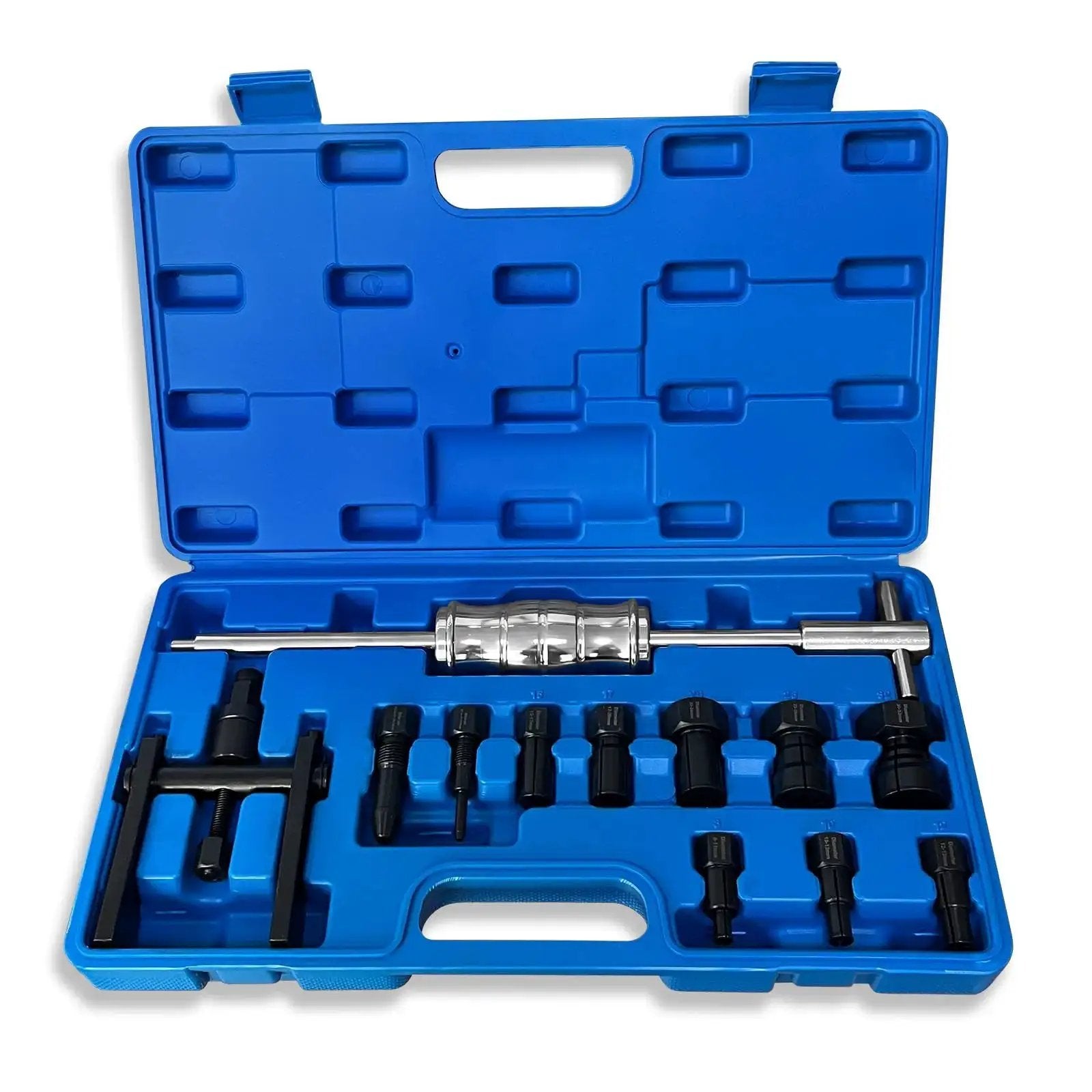 12-Piece Blind Hole Bearing Puller Kit With Extendable Collets From 8mm To 32mm in blue carrying case and slide hammer puller