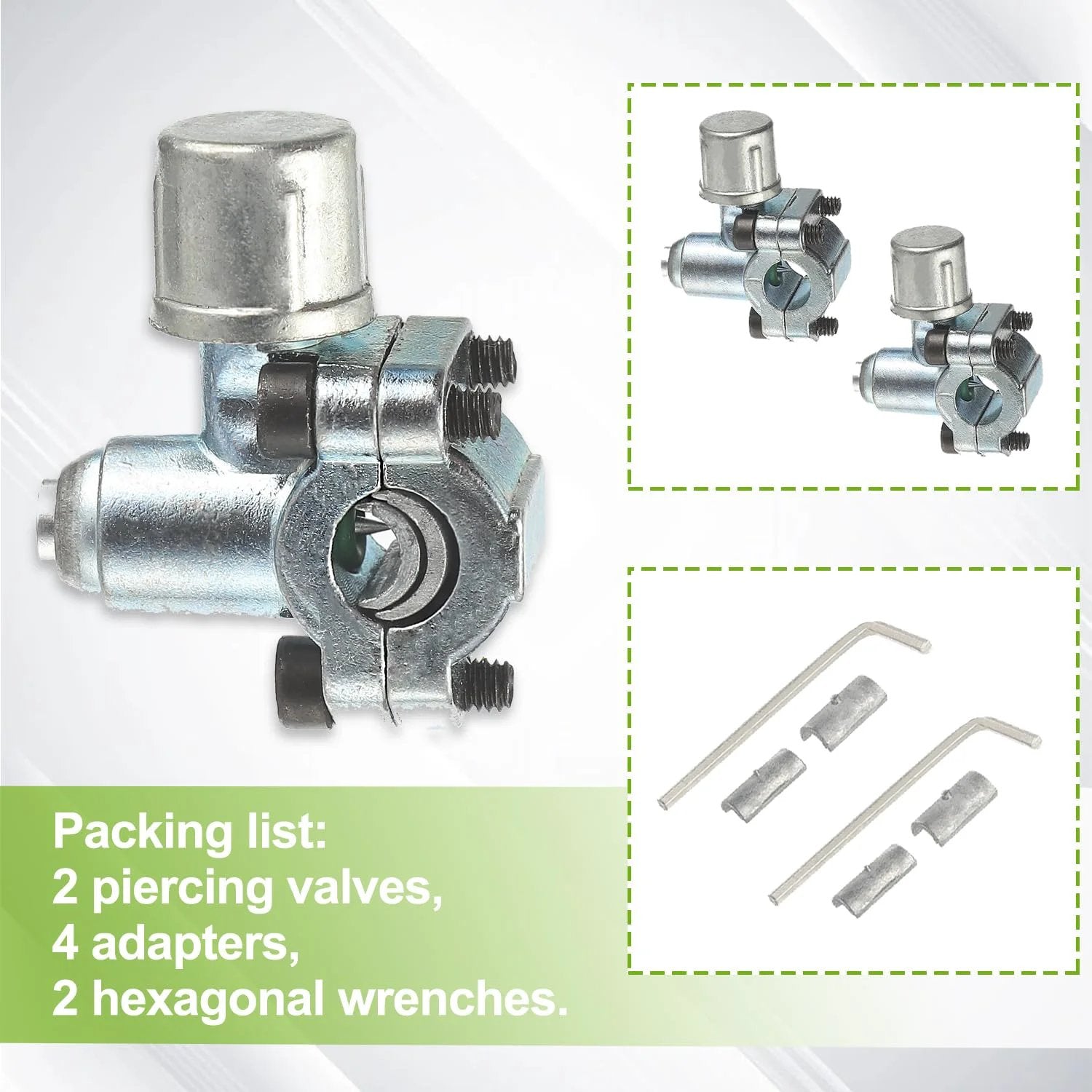 Piercing Valve Kit For Refrigerator Tap BPV-31 Fits 1/4 Inch, 5/16 Inch, And 3/8 Inch Universal Card Sleeves includes valves, wrenches.