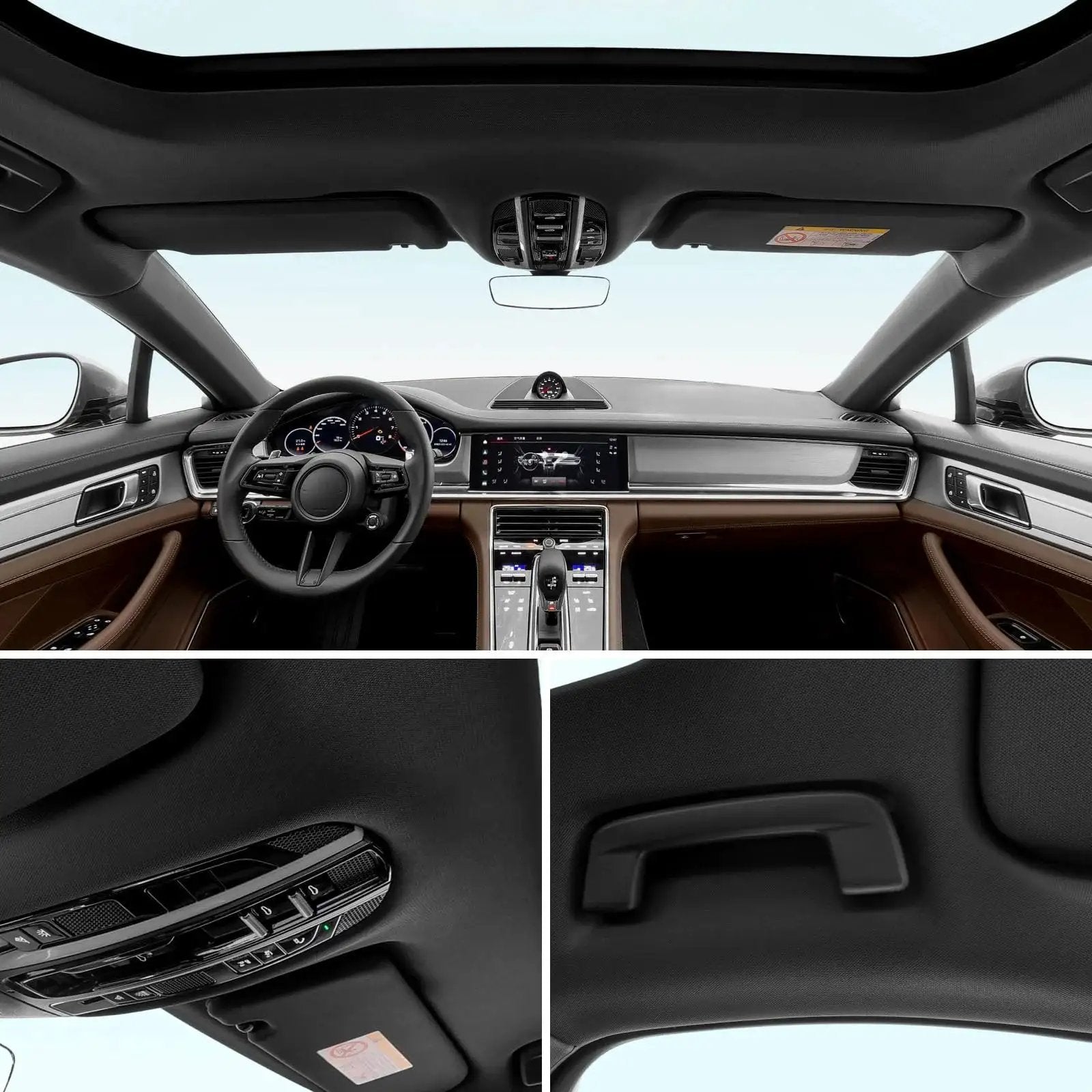 97 Inch Black Headliner Fabric With Foam Backing Mesh Type Tube Packaging installed in car interior, close-up views included.