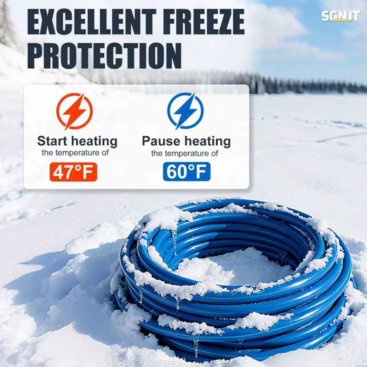Heavy Duty 50 Ft Heated RV Water Hose With Thermostat Self Regulating For Winter Use BPA And Lead Free Drinking Water Hose One Half Inch Inner Diameter Cold Weather Ready Down To 40F Blue Camping Must Have RV Accessory coiled in snow.