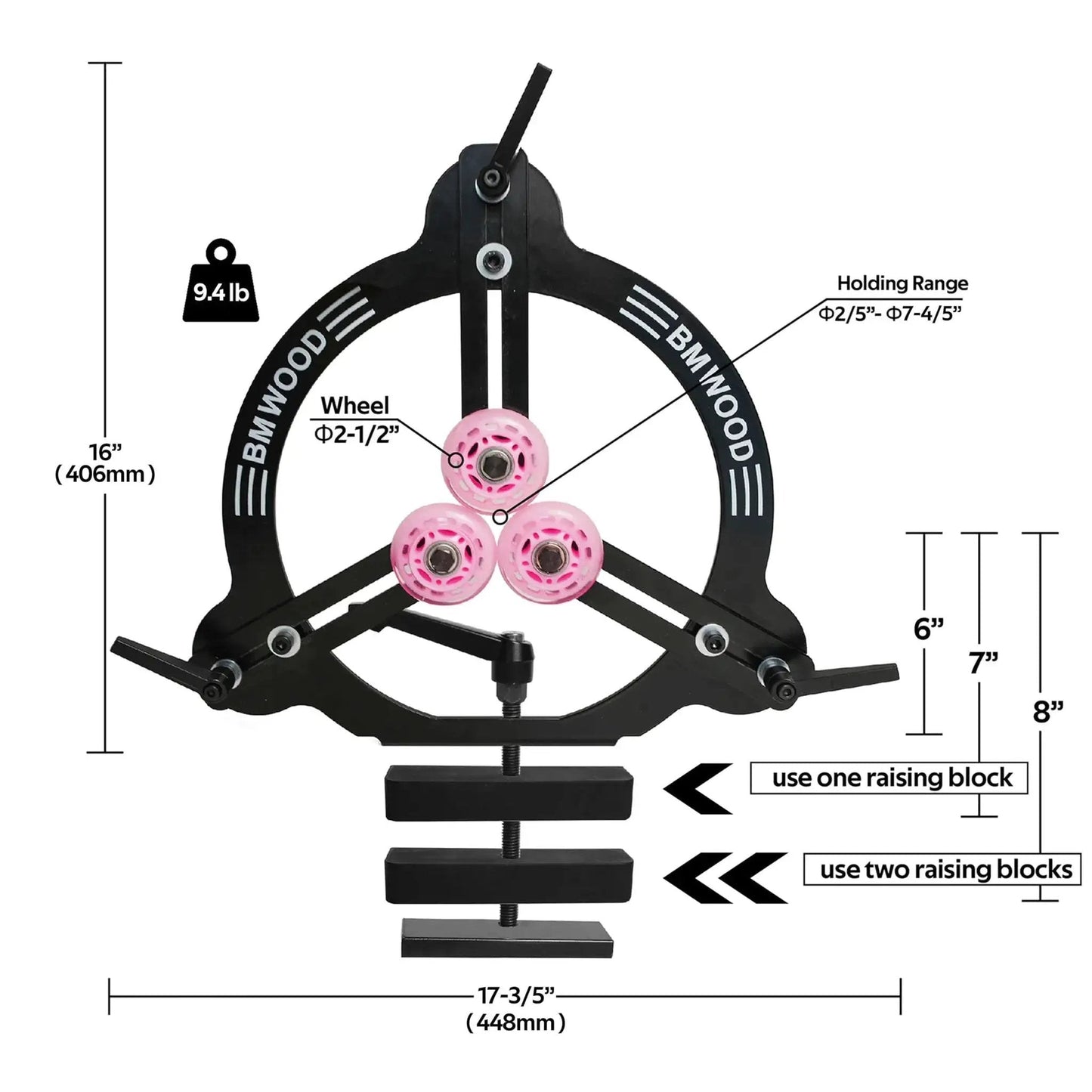 Pro Grade Woodturning Steady Rest For 12 Inch 14 Inch And 16 Inch Swing Lathes Ideal For Spindle Turning Heavy Duty Steel Plate Three Rubber Coated Rollers For Smooth Mobility And Stability Dual Bearing Design dimensions diagram