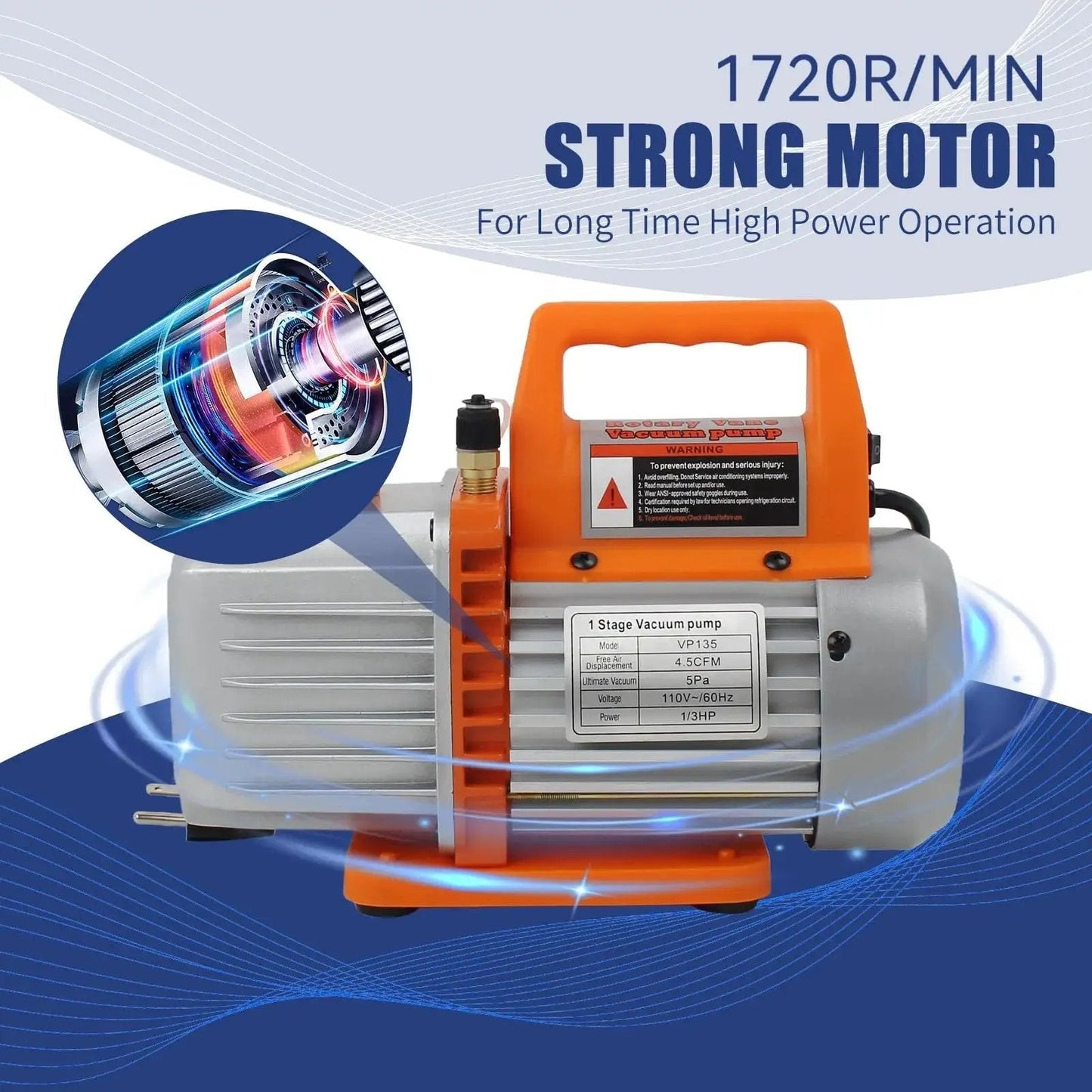 Efficient 4.5 CFM HVAC vacuum pump kit with a 4-way gauge and leak detector for fast, reliable evacuations of R134a, R410a, and R22 systems