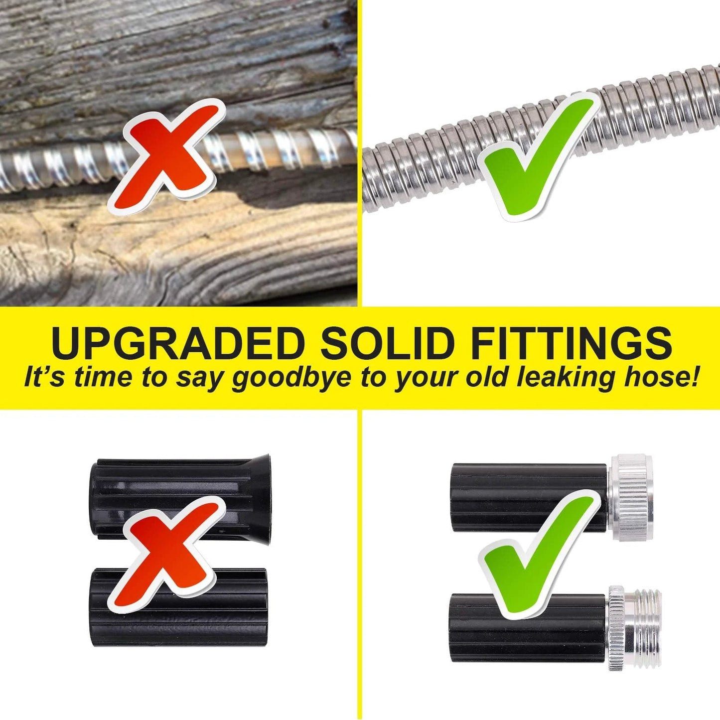 Comparison of leaking vs non-leaking fittings on Heavy Duty 25 Ft Stainless Steel Water Hose With Two Nozzles.