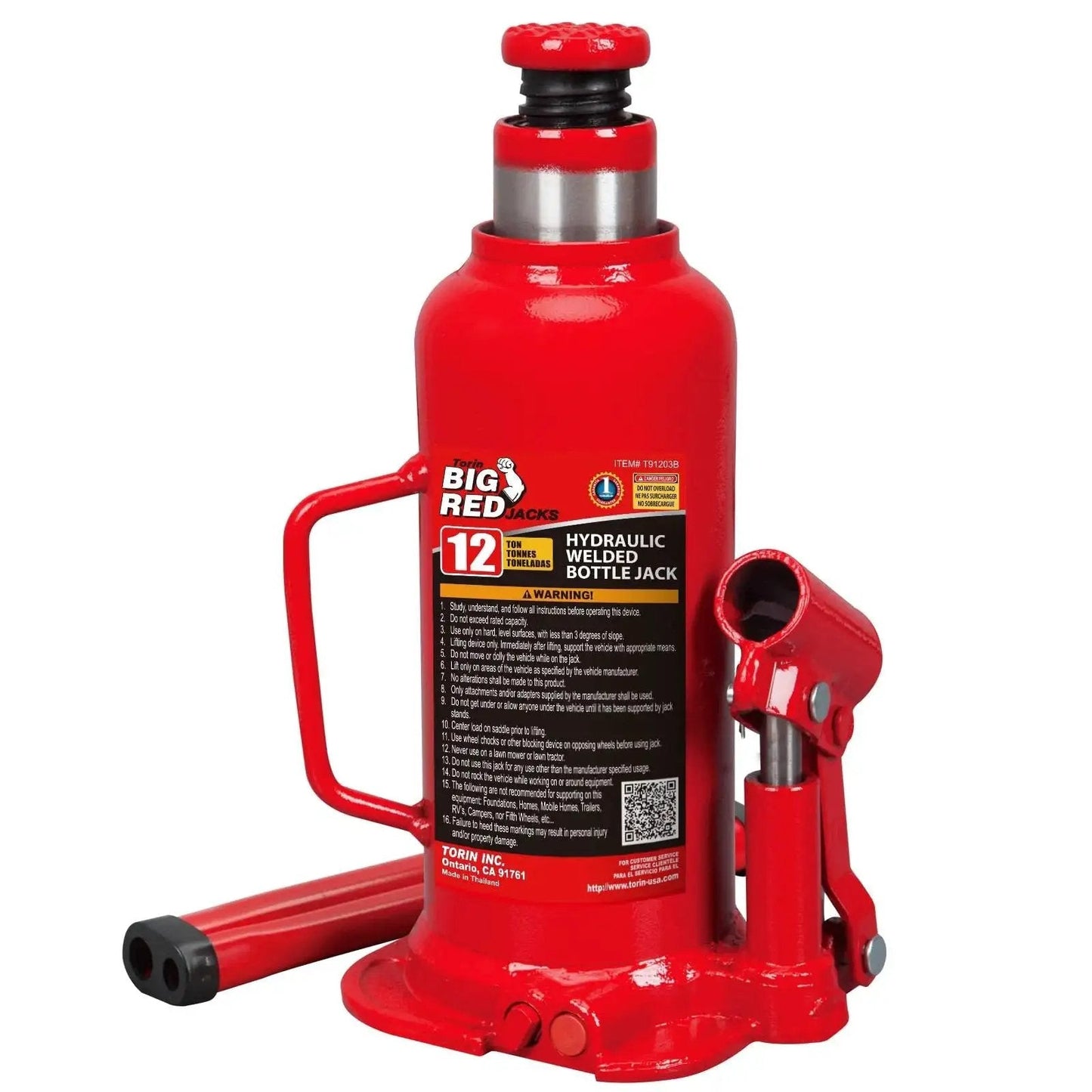 12 Ton Hydraulic Bottle Jack With 9 To 18 Inch Lift And Serrated Saddle in red color with handle attachment shown