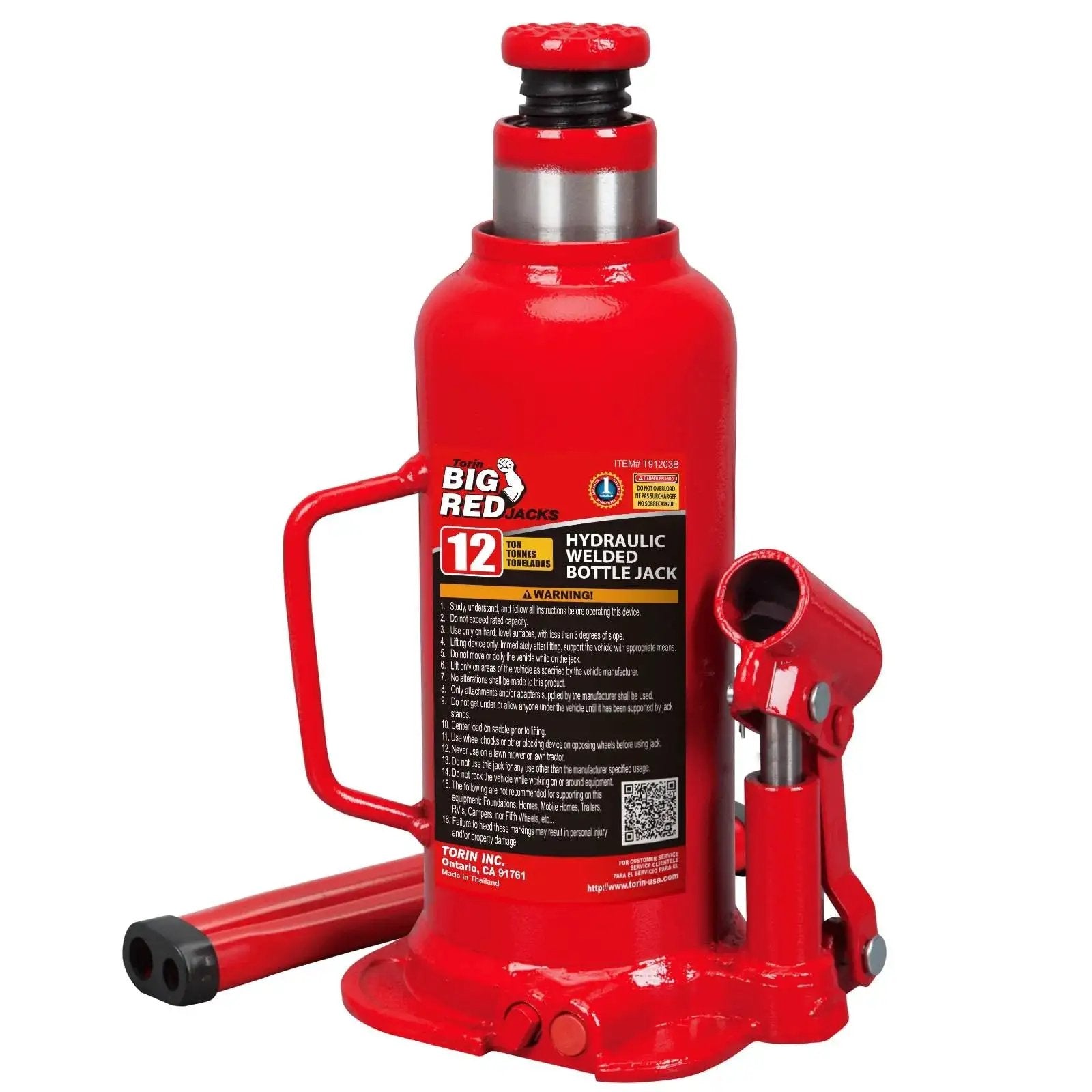 12 Ton Hydraulic Bottle Jack With 9 To 18 Inch Lift And Serrated Saddle in red color with handle attachment shown