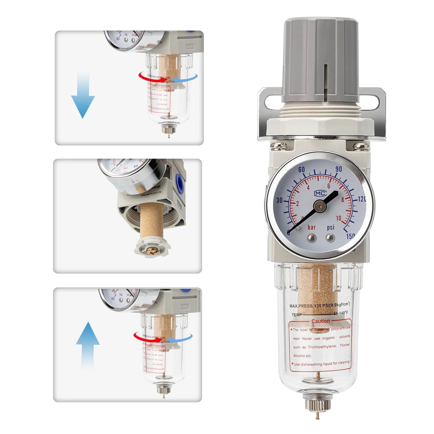 Pneumatic Air Compressor Filter Regulator Combo Pro Grade Quarter Inch NPT 150 PSI With Adjustable Gauge Water Separator