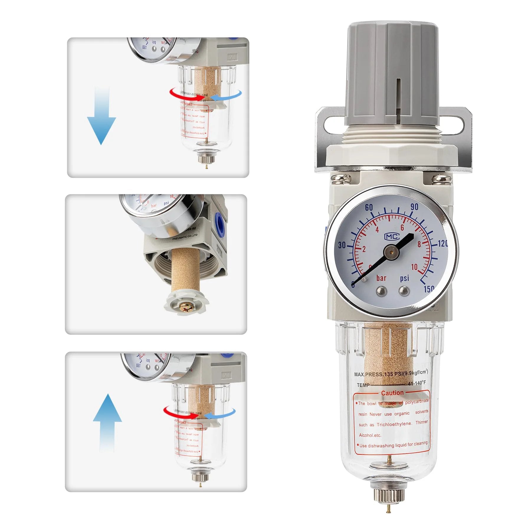 Pneumatic Air Compressor Filter Regulator Combo Pro Grade Quarter Inch NPT 150 PSI With Adjustable Gauge Water Separator