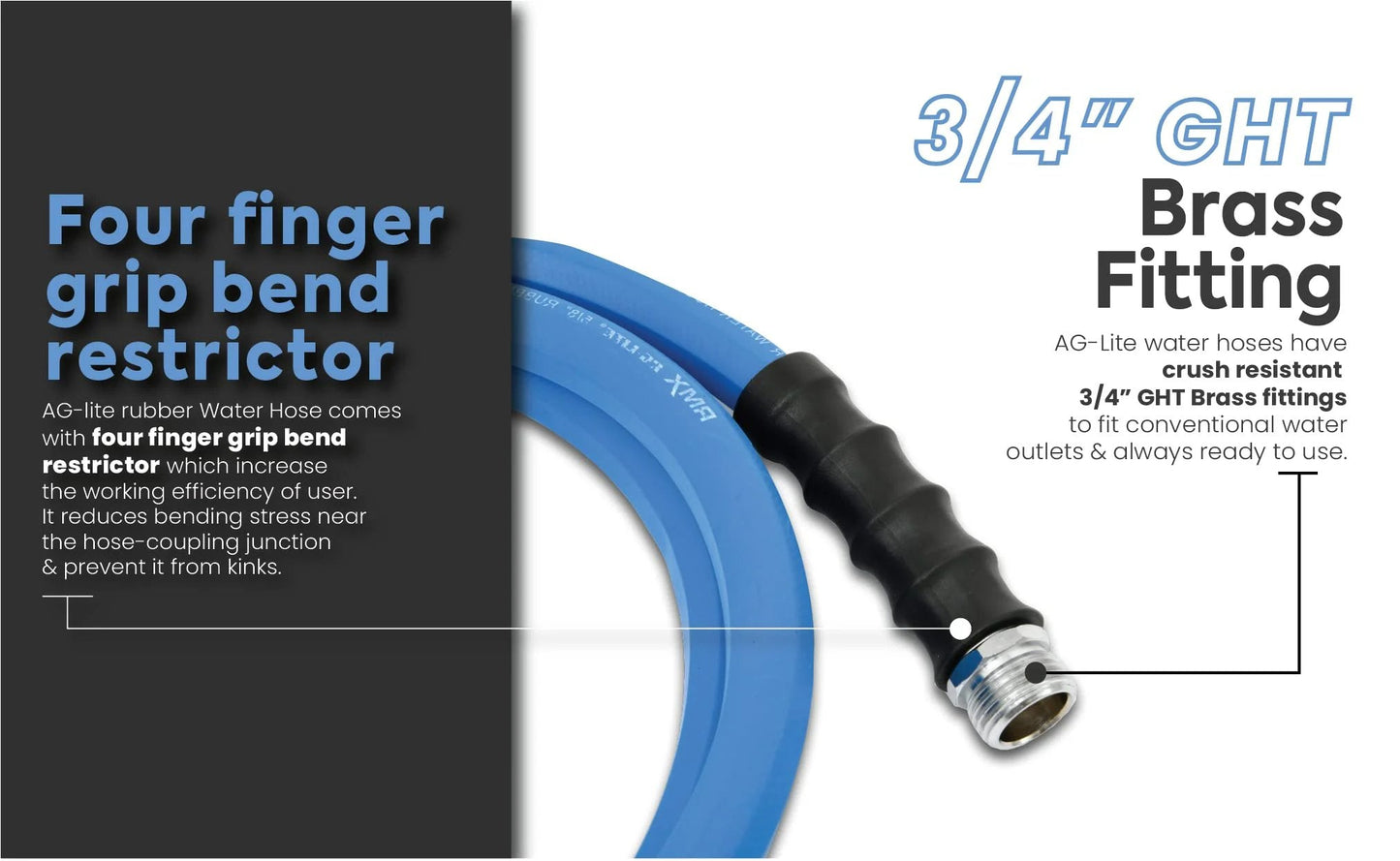Ultra Light Rubber Garden Hose Three Quarter Inch Six Foot For Hot And Cold Water 500 PSI Maximum Pressure With Polyester Braided Construction Pro Grade And 100 Percent Rubber with brass fitting and four finger grip bend restrictor.
