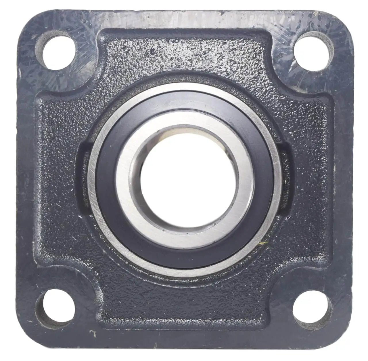 Front view of 2-3/8 Inch Four Bolt Flange Bearing With Two Set Screws UCF212-38 F4B-SC-206 Cast Iron Housing Grease Zerk