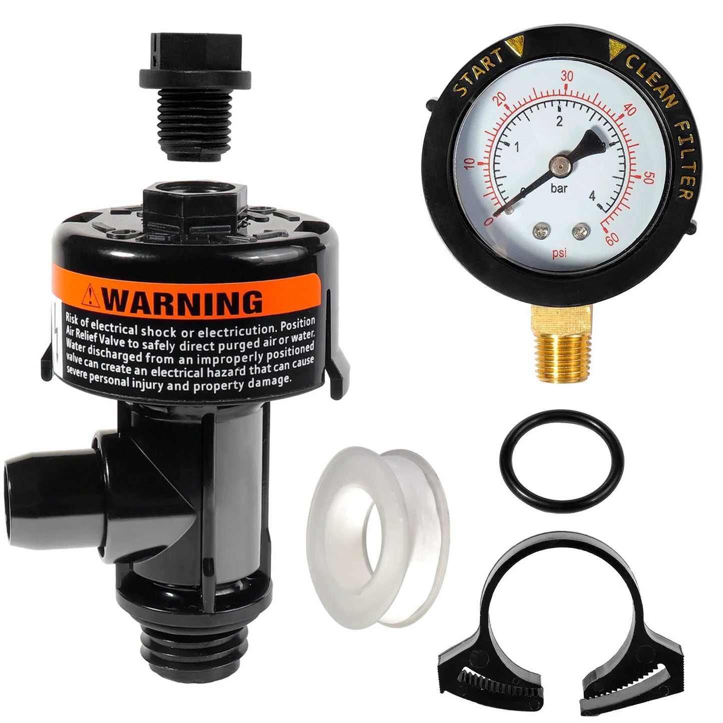Manual Air Relief Valve Assembly With Pool Filter Pressure Gauge for Easy No Fuss Install And Long Life Compatible With Pentair Air Relief Valves FNS Clean And Clear Quad De 4000 Series Spa And Pool Filters, showing valve and gauge components.