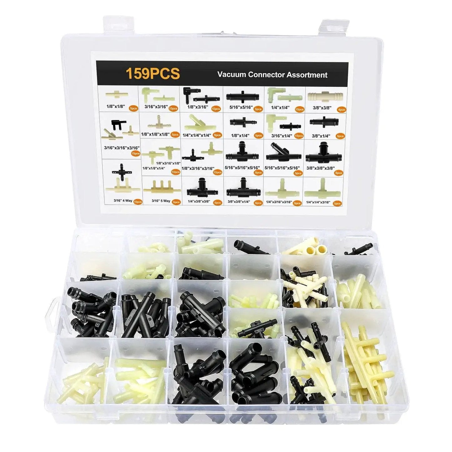 Automotive Vacuum Tubing Connector Kit With Nylon Fittings 159 Piece Assortment Includes Straight Tee Reducer Four Way And Five Way Connectors In One Eighth Inch Three Sixteenths Inch One Quarter Inch Five Sixteenths Inch And Three Eighths Inch Sizes For displayed in open box with organized compartments